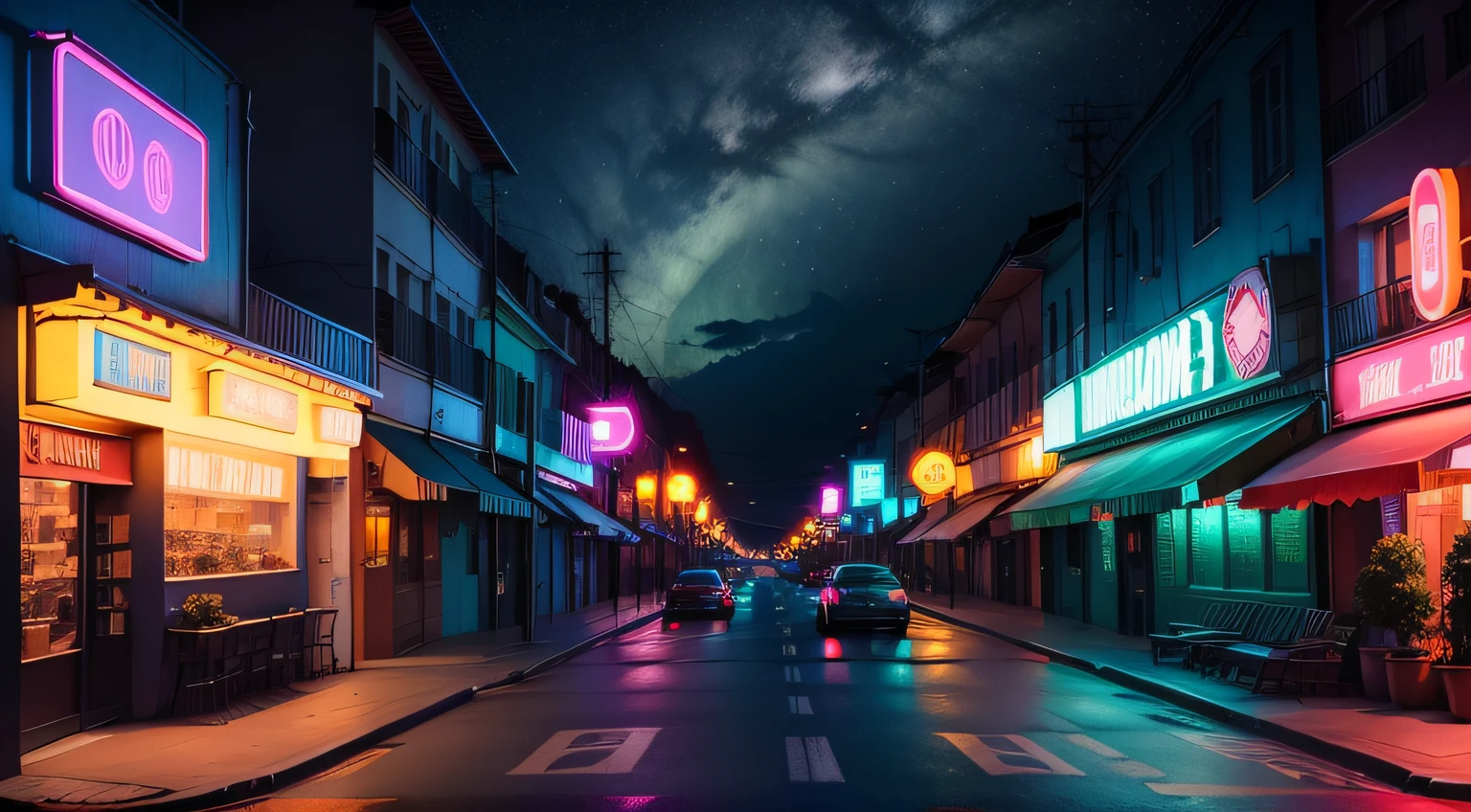 A very Retro City with neon lights of Blue colors , lojas com luzes verdes , ceu roxo noturno e com muitas estrelas e nuvens e uma lua ao redor da cidade e muitos outdoors e a lua no topo