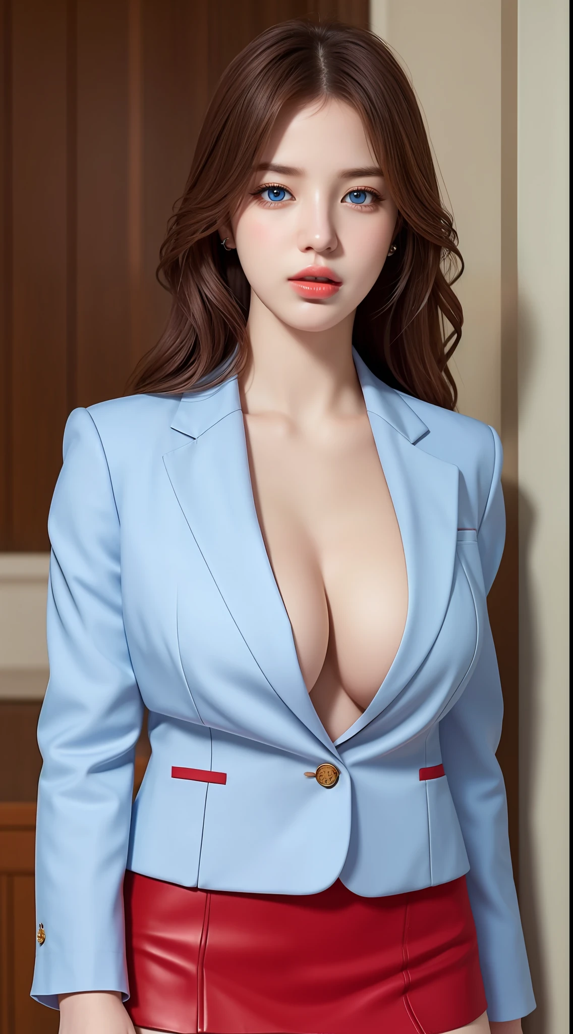 (hyperrealistic), (illustration), (high resolution), (8K), (extremely detailed), (best illustration), (beautiful detailed eyes), (best quality), (ultra-detailed), (masterpiece), (wallpaper), (detailed face), solo, 1 girl, wavy white hair, (beautiful Suzy:1.7), (beautiful cute JAV Idol:1.7), heterochromic eyes, (detailed blue eyes), small moles under the eyes, navy formal blazer, white shirt, black mini skirt, red panties, (realistic big breasts:1.4), long legs, tight abs, cameltoe, dynamic pose,