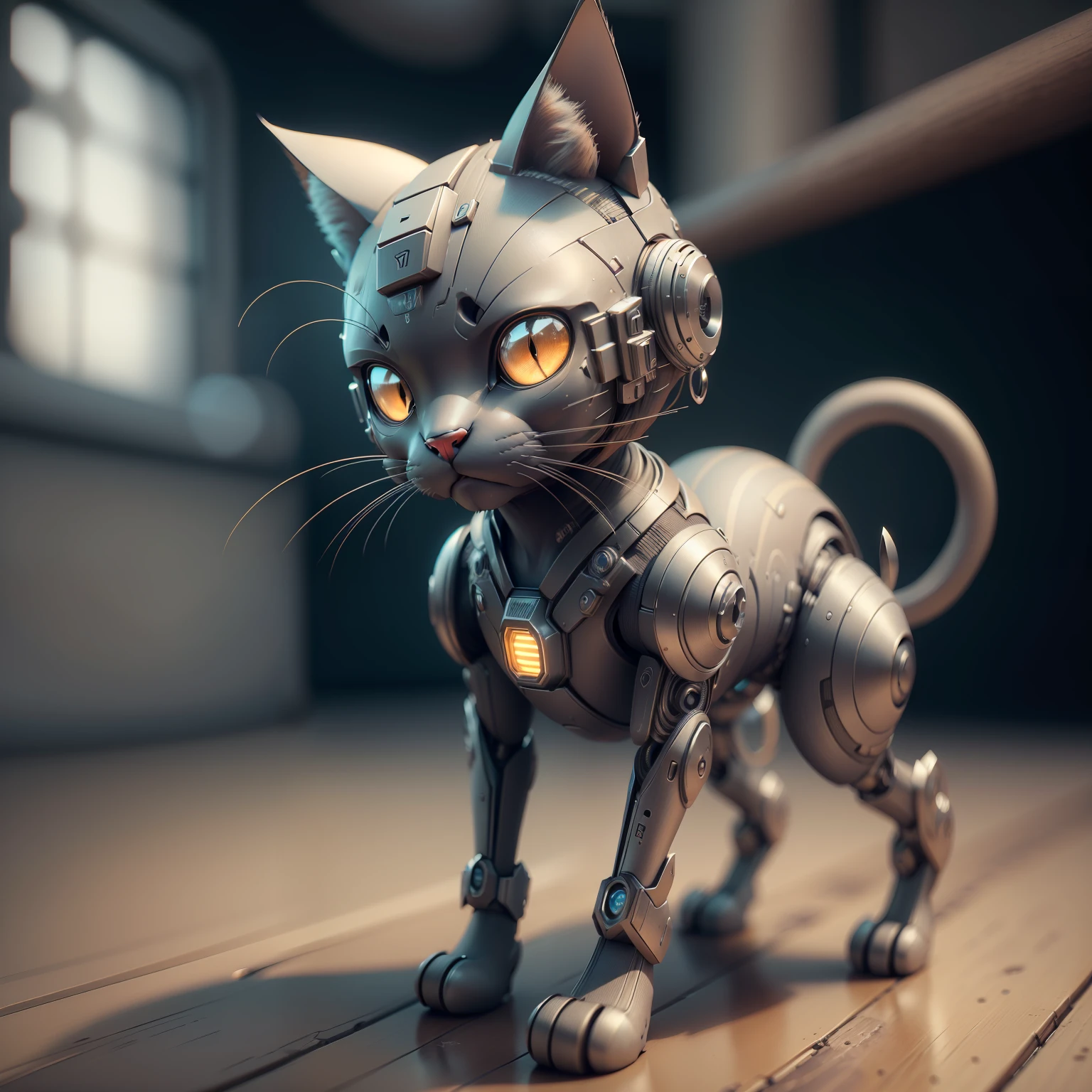 Mecanico Gato Cinza, Humanoid, corpo inteiro, lone, Cyberpunk, Delicate cat head, textura de argila, down to earth, fundo preto e branco, Luz Natural, best quality, hiper detalhe, Arte 3D, c4d, renderizador OC, 3D rendering, 8k