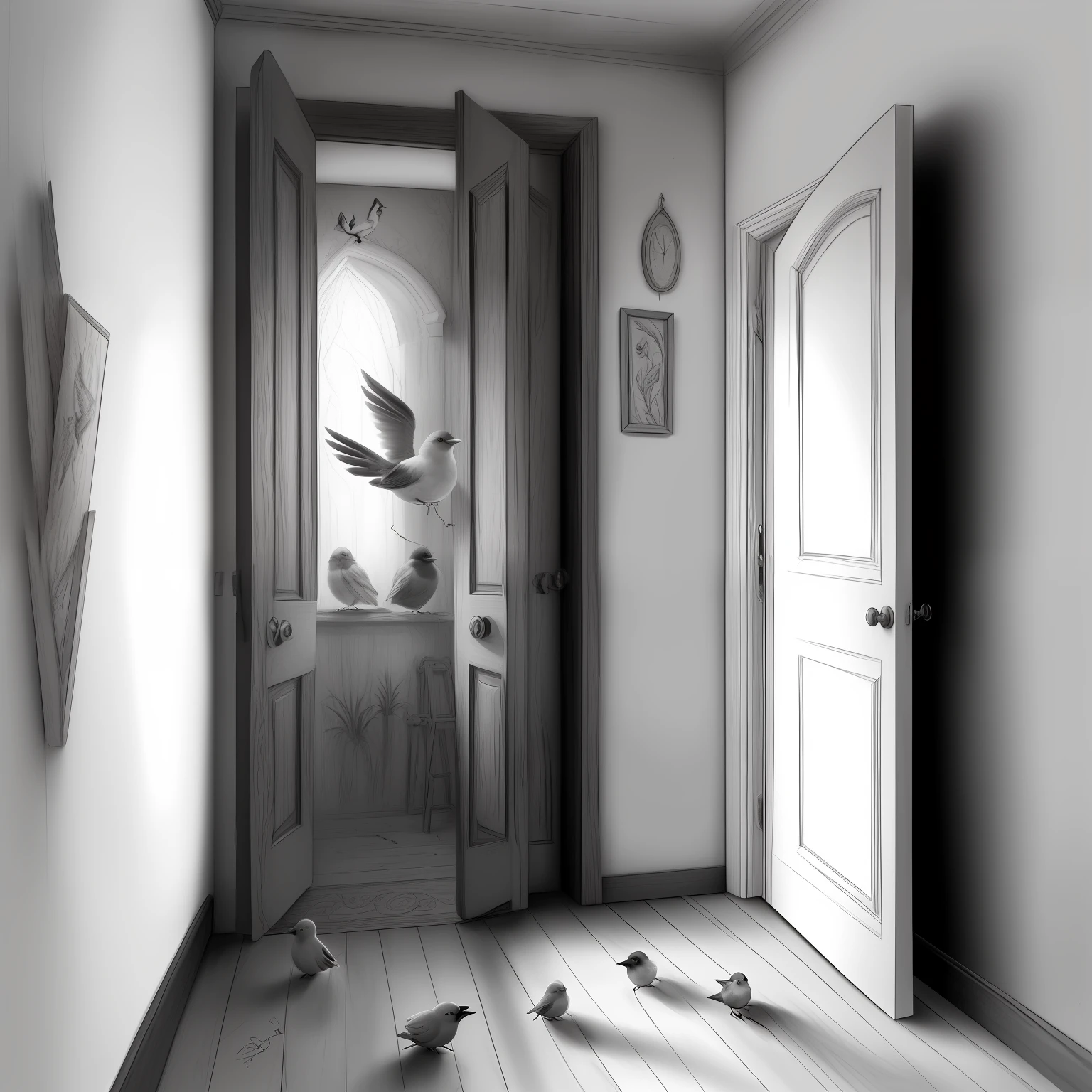 small birds, room, doors, high resolution, fantasy drawing, pencil strokes, black and white