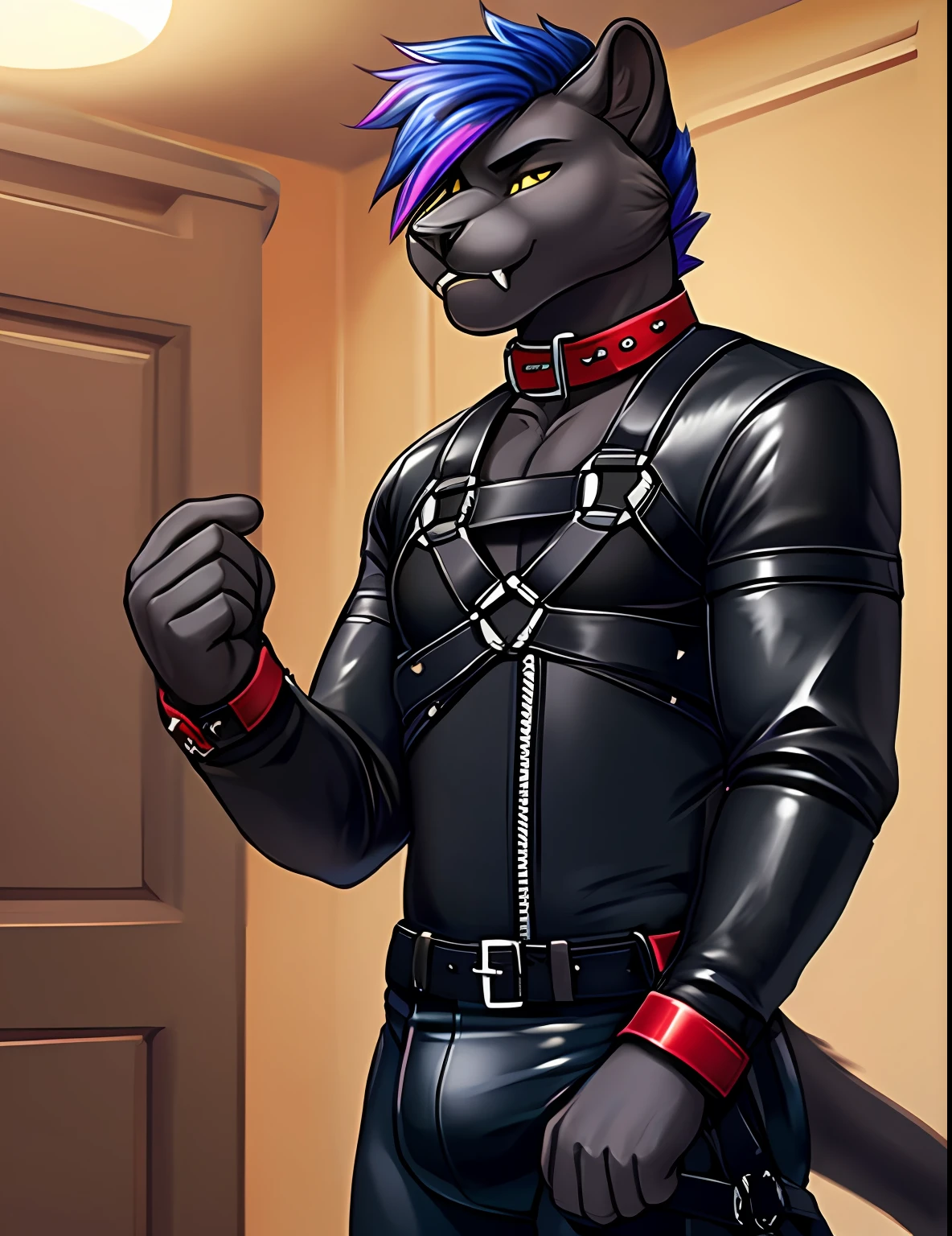 Handsome, femboy, black panther, solid blackfur body, sabertooth fangs, black fur body, black belly, black chesr, black panther tail, blue hair purple highlights, yellow cat eyes, tight leather jacket, tight jeans, crotch bulge, red collar, 1boy, solo, harness, straps, cuffs, buckles, locks, standing inside bedroom,