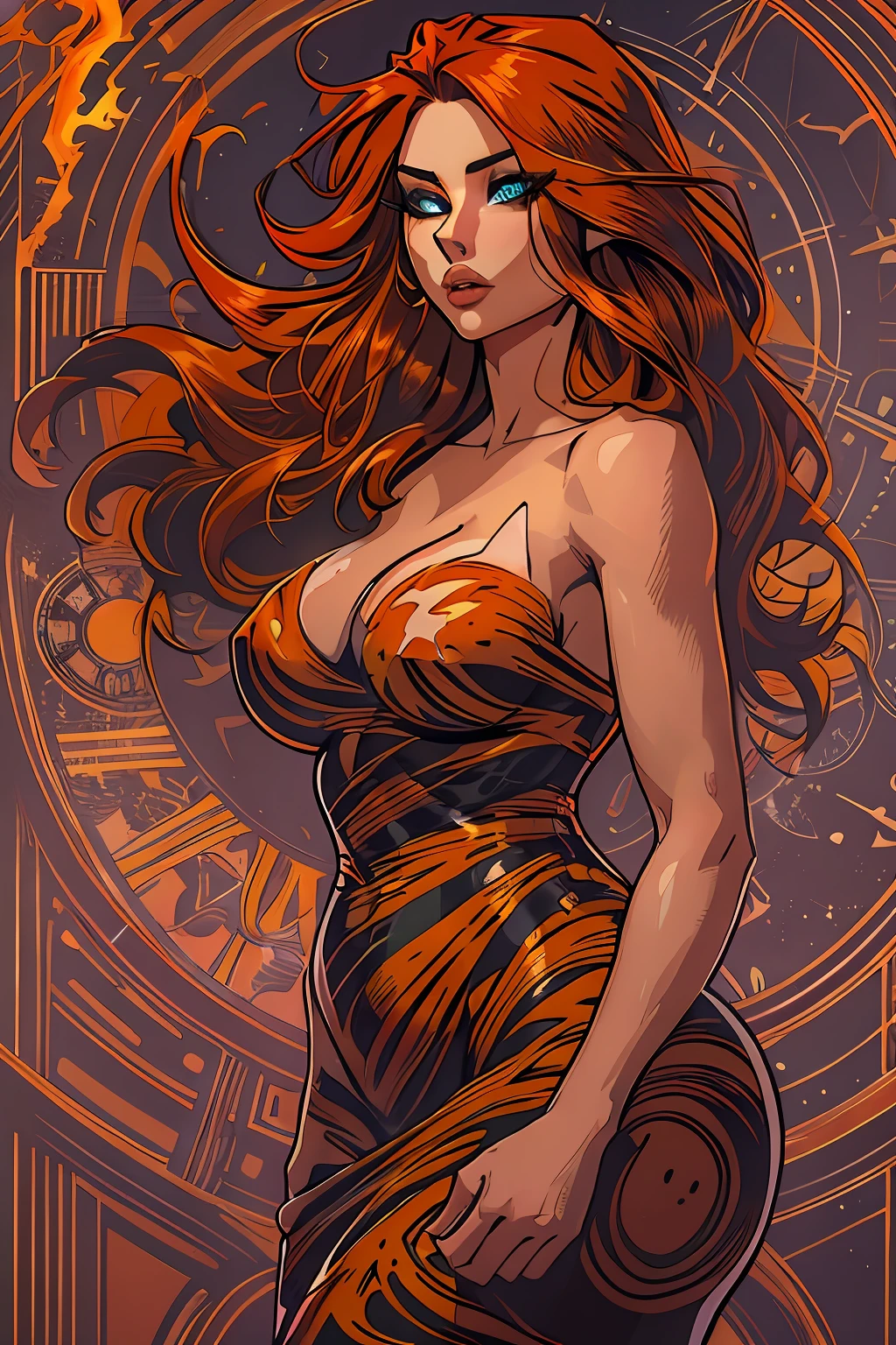 A captivating, fiery-haired woman with an alluring hourglass figure.