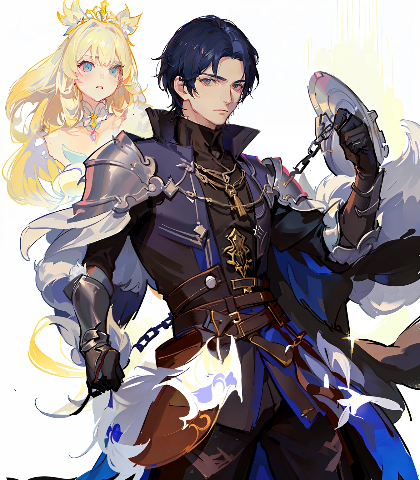 anime character with chain around his neck and arm, um paladino masculino humano, casimiro arte, Paladino masculino, Conceito de personagem do Shadowverse, Wlop e Sakimichan, por Yang J, fanart requintada altamente detalhada, epic exquisite character art, Arte Zerochan, trending on artstation pixiv, Arsen Lupin como um paladino