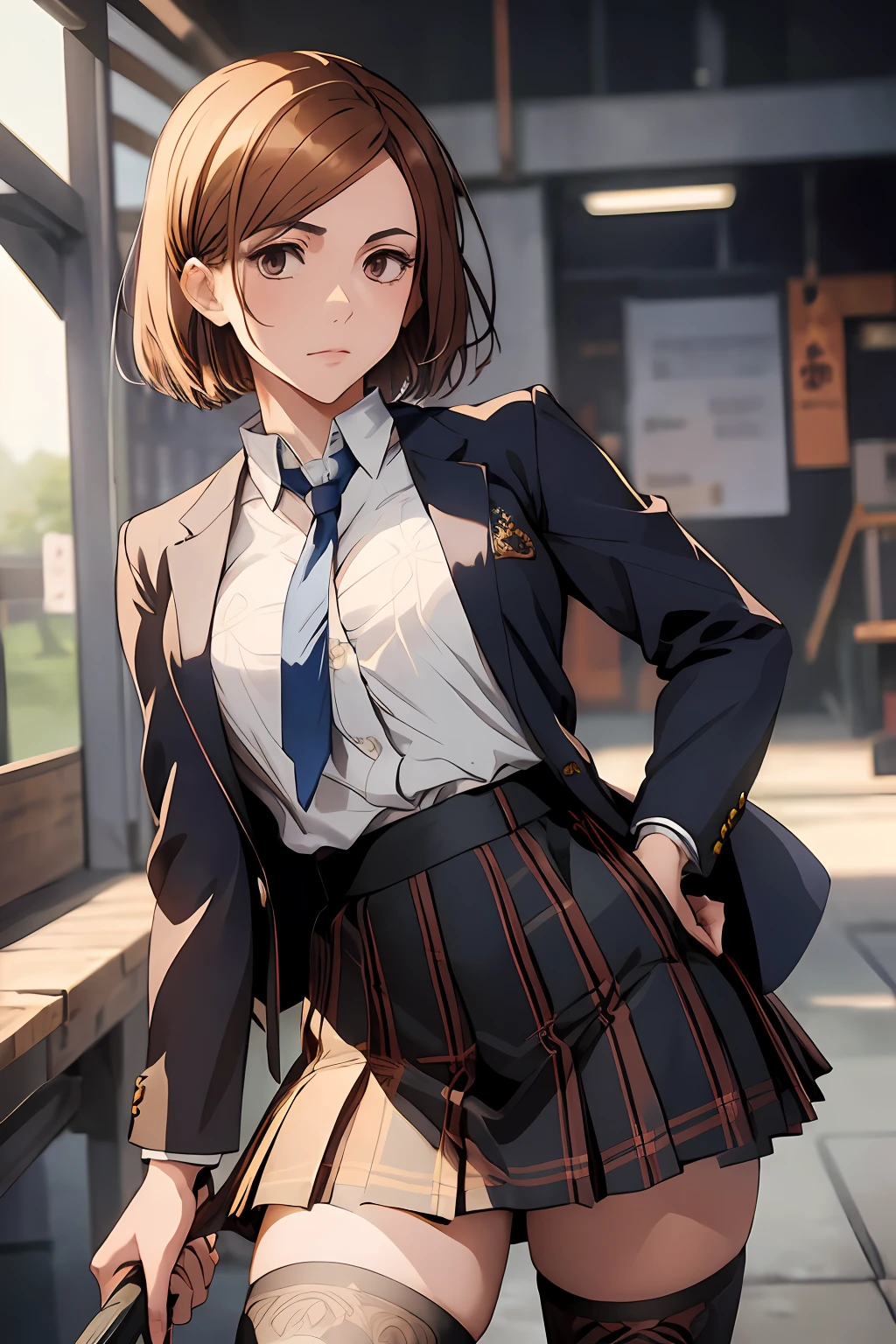 1girl, cowboy shot, beautiful Nobara, school_uniform, bangs, jacket,, volumetric lighting, best quality, masterpiece, intricate details, tonemapping, sharp focus, hyper detailed, trending on Art Station, 4k,full body