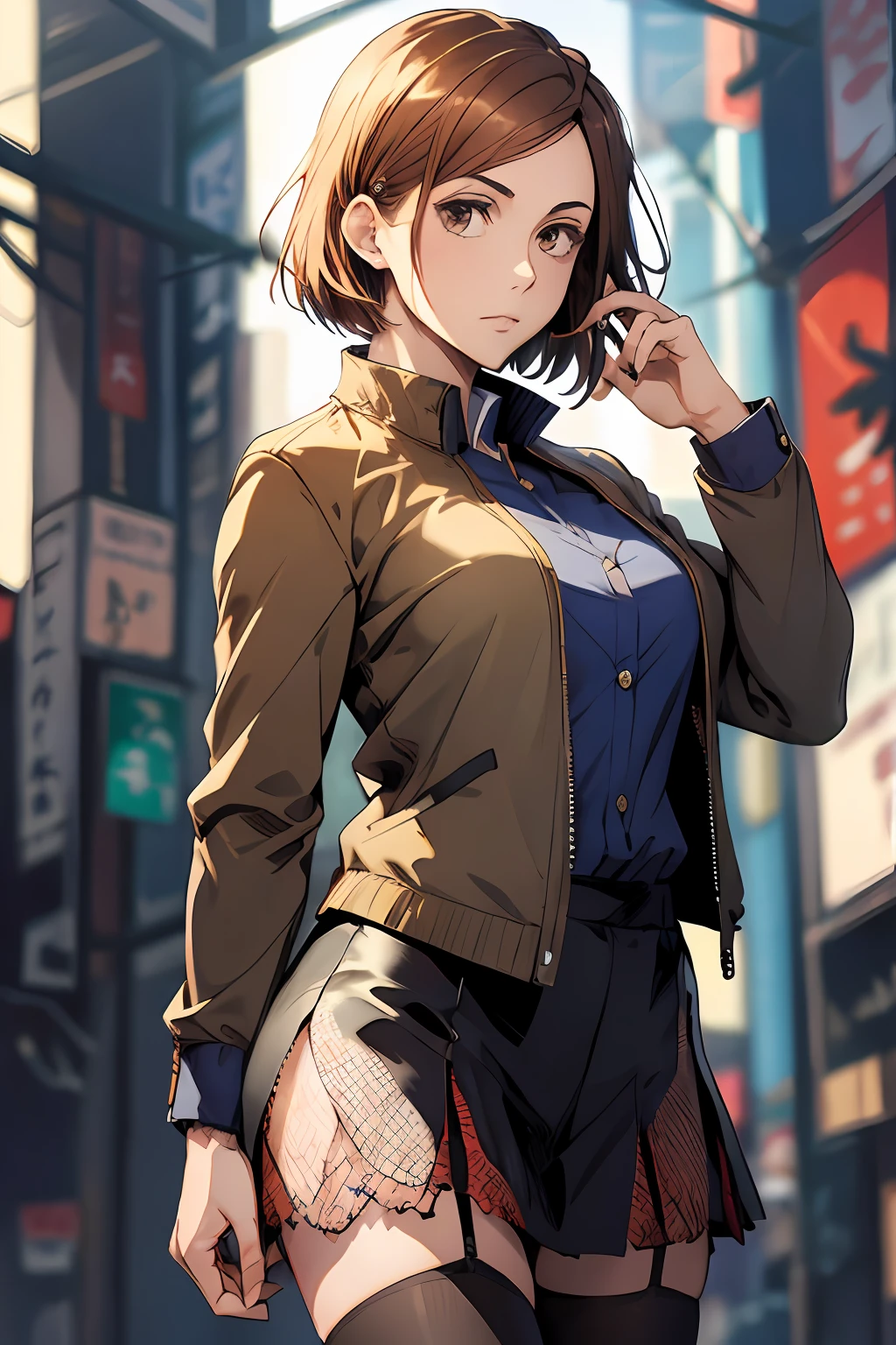 1girl, cowboy shot, beautiful Nobara, school_uniform, bangs, jacket,, volumetric lighting, best quality, masterpiece, intricate details, tonemapping, sharp focus, hyper detailed, trending on Art Station, 4k,full body