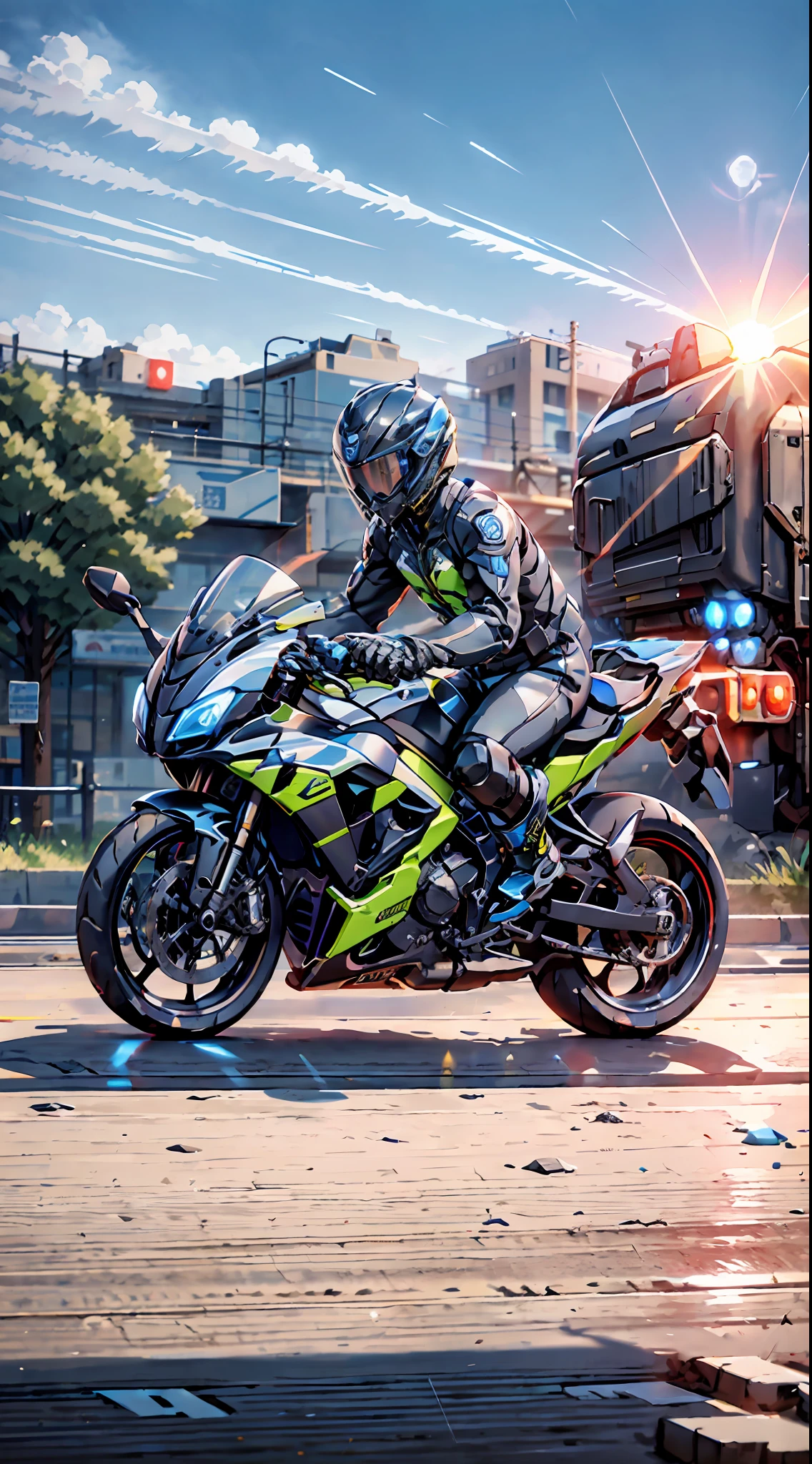 Moving locomotive, on the road, sporty, blue sky, locomotive boy, wearing motorcycle suit, scientific and technological style, with helmet, black and white body, fluorescent yellow embellishment