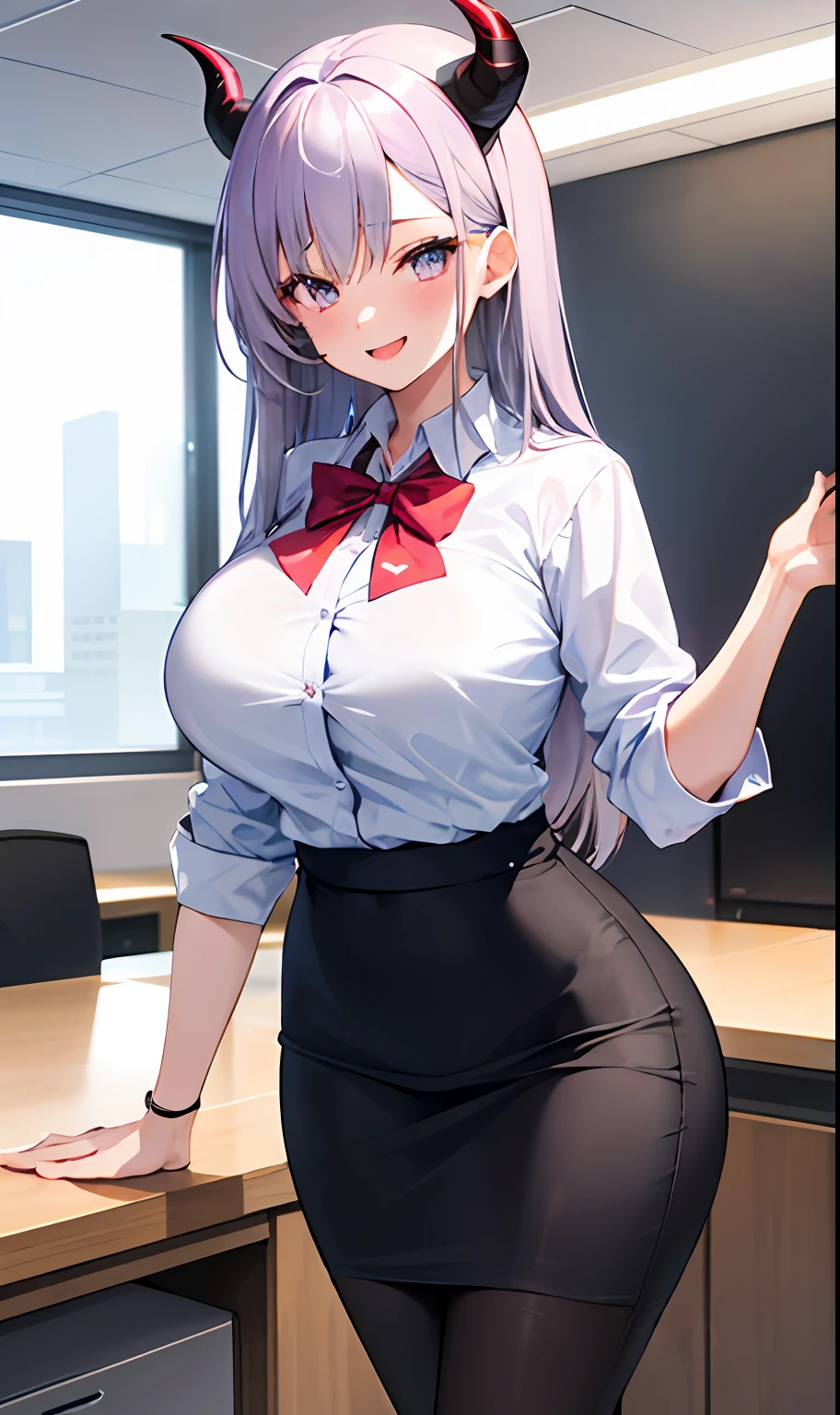 ((tmasterpiece,Need)),(1girl),((A MILF)),lilac colors,big-areola,horn,((office lady)),By bangs,middlebreast,(plumw),slim,ssmile,[Wide hips],office,standing, aru \(blue archive\),