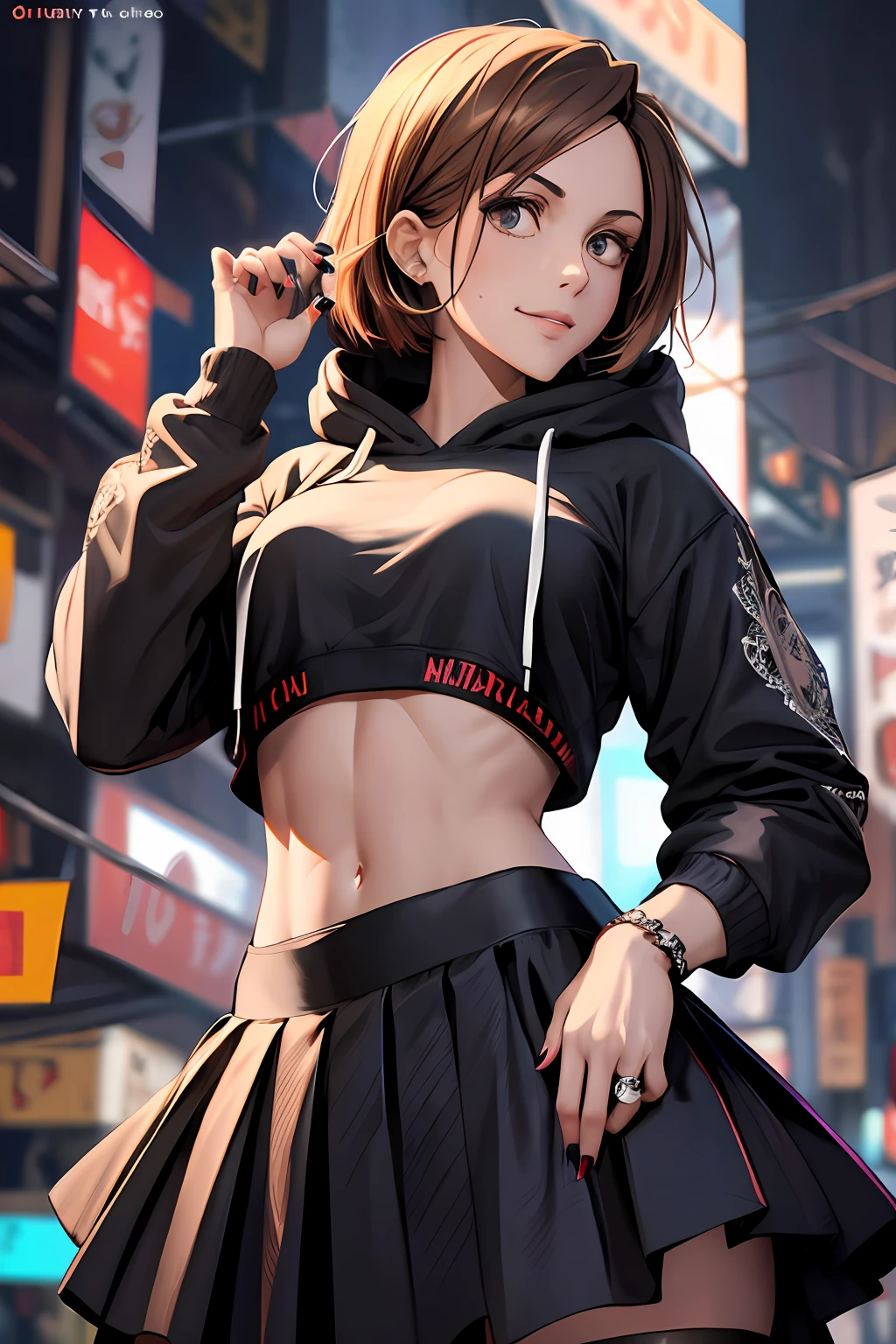 1girl, beautiful NobaraJK, long_sleeves, hood, hood_down, hoodie, skirt, smile, cropped_hoodie, navel, crop_top, nail_polish, stomach, black_hoodie, black_skirt, midriff, pleated_skirt, volumetric lighting, best quality, masterpiece, intricate details, tonemapping, sharp focus, hyper detailed, trending on Artstation,