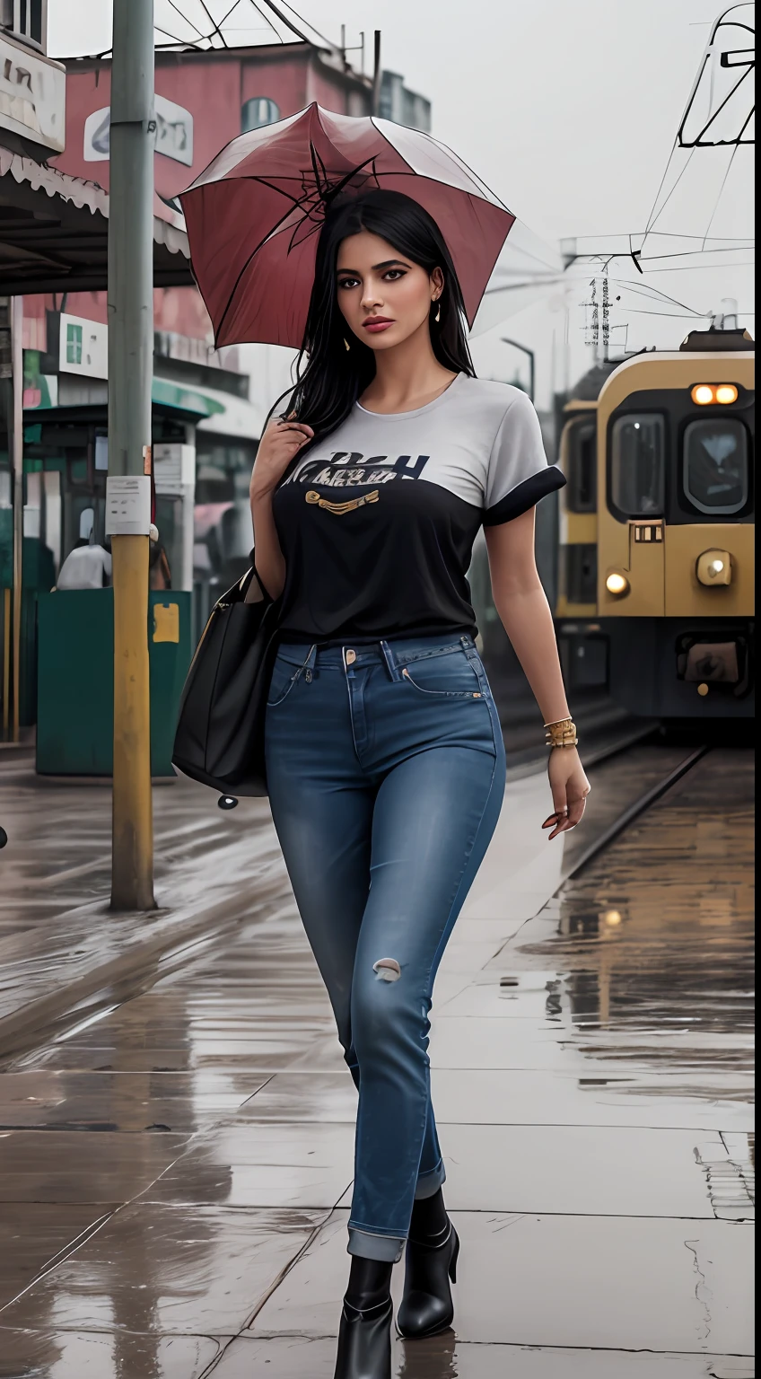 ((Best Quality, 8k, Masterpiece:1.3)), Focus: 1.2, Perfect Body Beauty: 1.4, front looking 1.2, (long black medium length straight hairstyle)), (black round neck plain Baggy Tee-shirt, baggy style:1.1) , (rainy weather, Street:1.3), Baggy fitting jeans , full length dark blue tight torn jeans: 1.1, Highly detailed face and skin texture, Detailed eyes, Double eyelids, toned body, Whitened skin, black straight hair's, high heels, firm breasts, firm thiges, looking at camera, fashion shoot style, full body length tee-shirt, Short sleeves, ankle boots, big earrings, lots of fashion hand bangle's and stripes, golden watch. Carrying trolley bag, light lipstick, lose baggy Teeshirt , standing at railway station Lahore, Pakistani green train's in background, Lahore railway platform, wet railway platform, dark cloud's, rainy atmosphere, walking style, model shoot, lights on