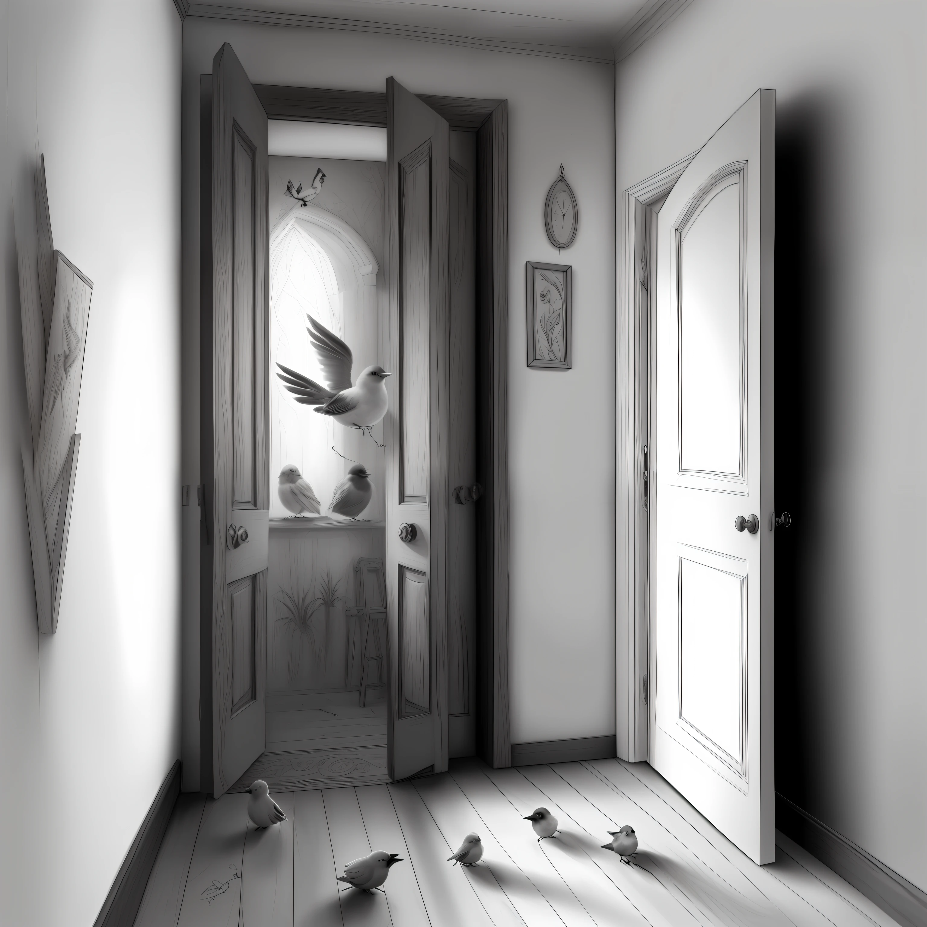 small birds, room, doors, high resolution, fantasy drawing, pencil strokes, black and white