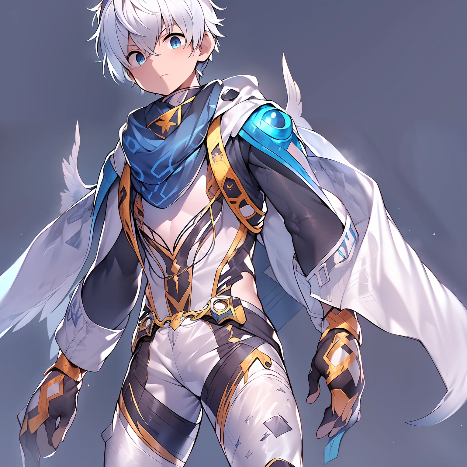 Game CG,8K quality,((younge boy)),juvenile sense,Anime male protagonist,Silver-haired blue dye,short,Straight hair,Squint viewing angle,Wings,goggles,((White and gold jumpsuits)),Fingerless gloves,(Racing boots),flight,entire body image,technology city,Scarf,Fingers are normal,angelicales