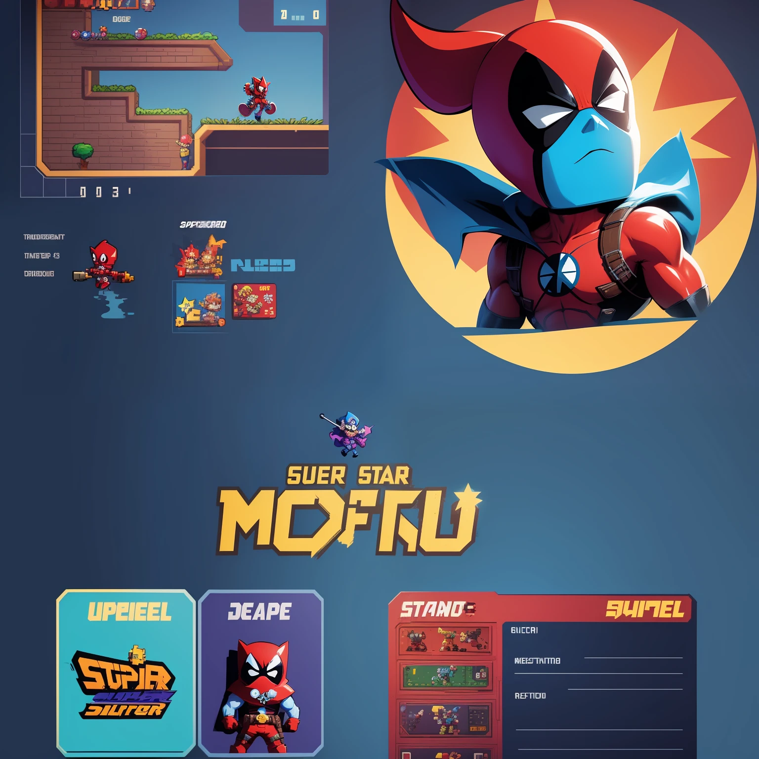 Create a unique Menu for a retro game named "super stario" with deadpool and blue theme