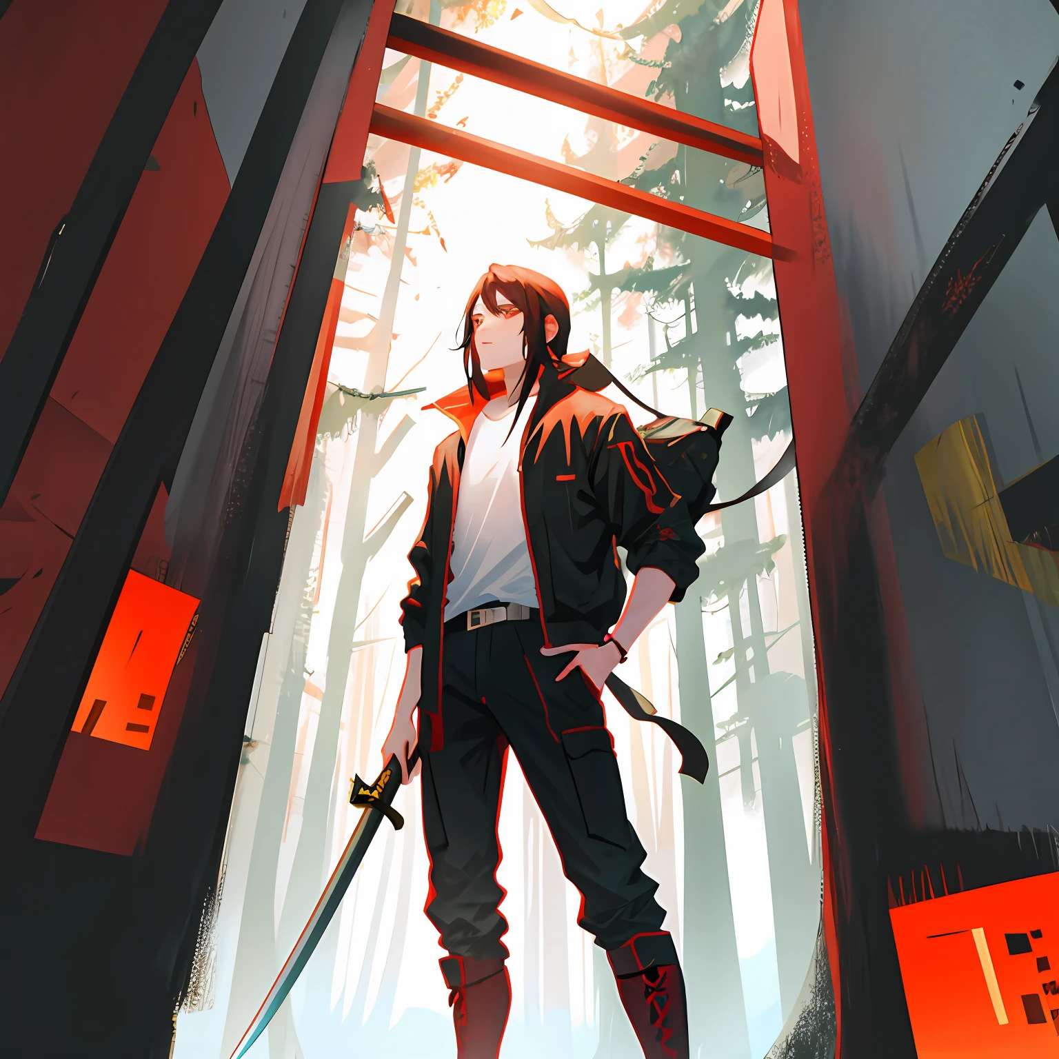A hunter with his katana in the middle of the forest