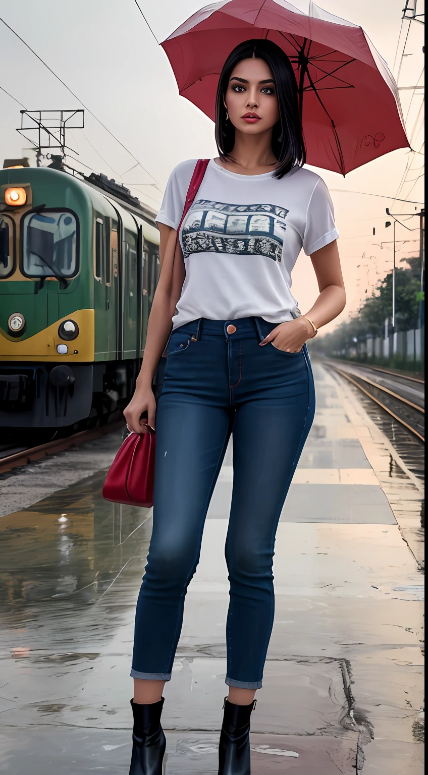 ((Best Quality, 8k, Masterpiece:1.3)), Focus: 1.2, Perfect Body Beauty: 1.4, front looking 1.2, (long black medium length straight hairstyle)), (black round neck plain Baggy Tee-shirt, baggy style:1.1) , (rainy weather, Street:1.3), Baggy fitting jeans , full length dark blue tight torn jeans: 1.1, Highly detailed face and skin texture, Detailed eyes, Double eyelids, toned body, Whitened skin, black straight hair's, high heels, firm breasts, firm thiges, looking at camera, fashion shoot style, full body length tee-shirt, Short sleeves, ankle boots, big earrings, lots of fashion hand bangle's and stripes, golden watch. Carrying trolley bag, light lipstick, lose baggy Teeshirt , standing at railway station Lahore, Pakistani green train's in background, Lahore railway platform, wet railway platform, dark cloud's, rainy atmosphere, walking style, model shoot, lights on