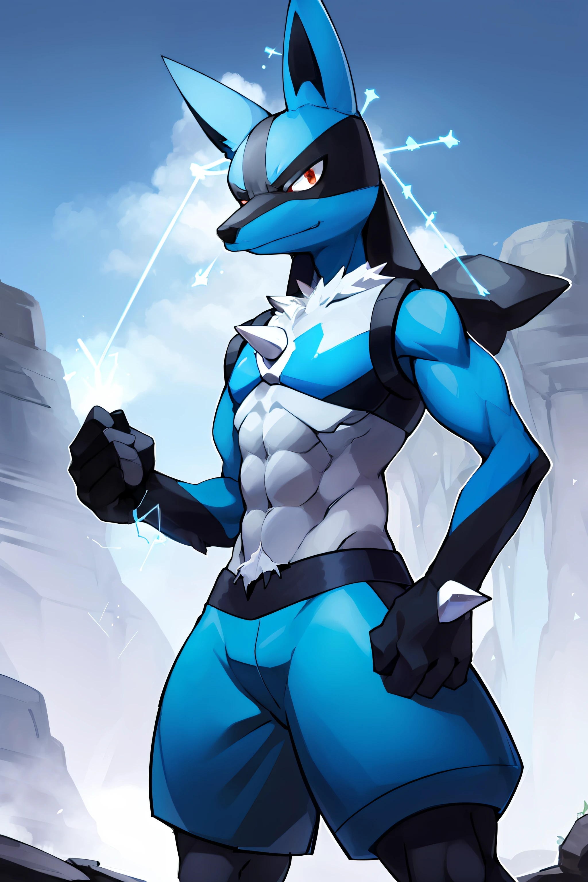 Lucario, Rote Augen, Angriffshaltung, Einen blauen Energieball wirken, Detailliert, Professionelle Leuchten, Spikes, Anime, zentriert, outside, Cave, blaues Fell, Wolf, mittlerer Maulkorb, ((Sparks around the body), sixpack, hotfurry, daddy, abs, maskulin
