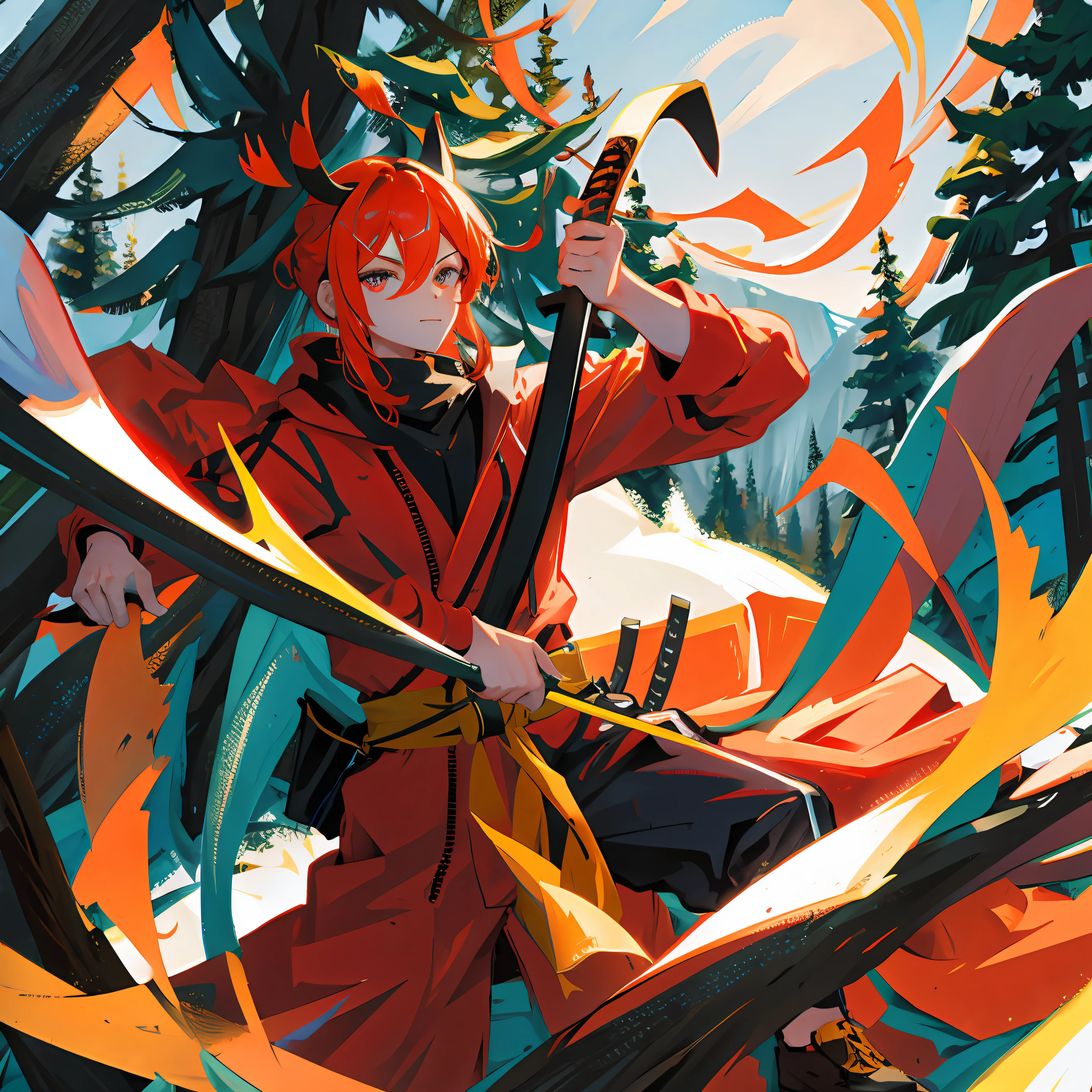 A hunter with his katana in the middle of the forest
