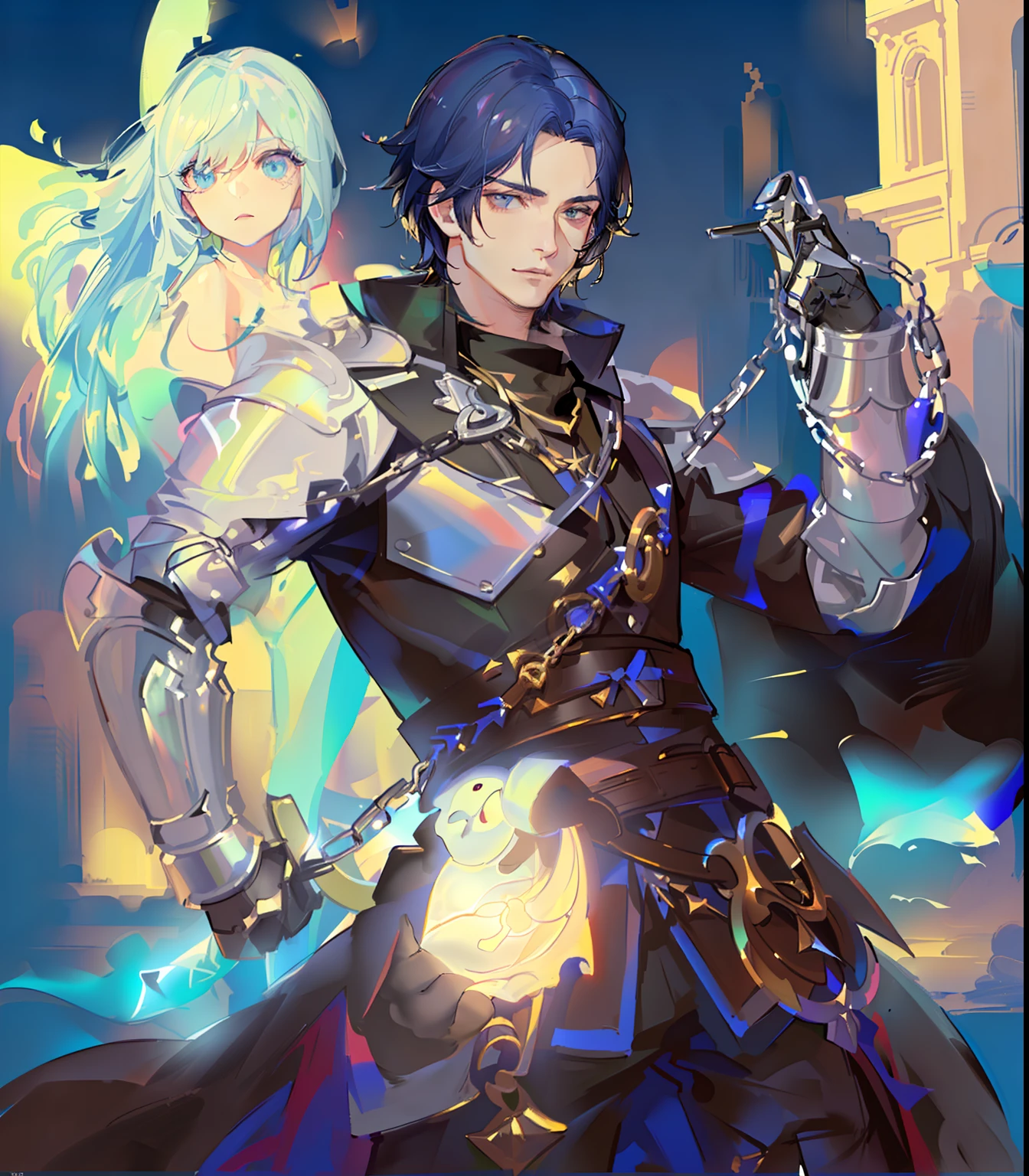 anime character with chain around his neck and arm, um paladino masculino humano, casimiro arte, Paladino masculino, Conceito de personagem do Shadowverse, Wlop e Sakimichan, por Yang J, fanart requintada altamente detalhada, epic exquisite character art, Arte Zerochan, trending on artstation pixiv, Arsen Lupin como um paladino