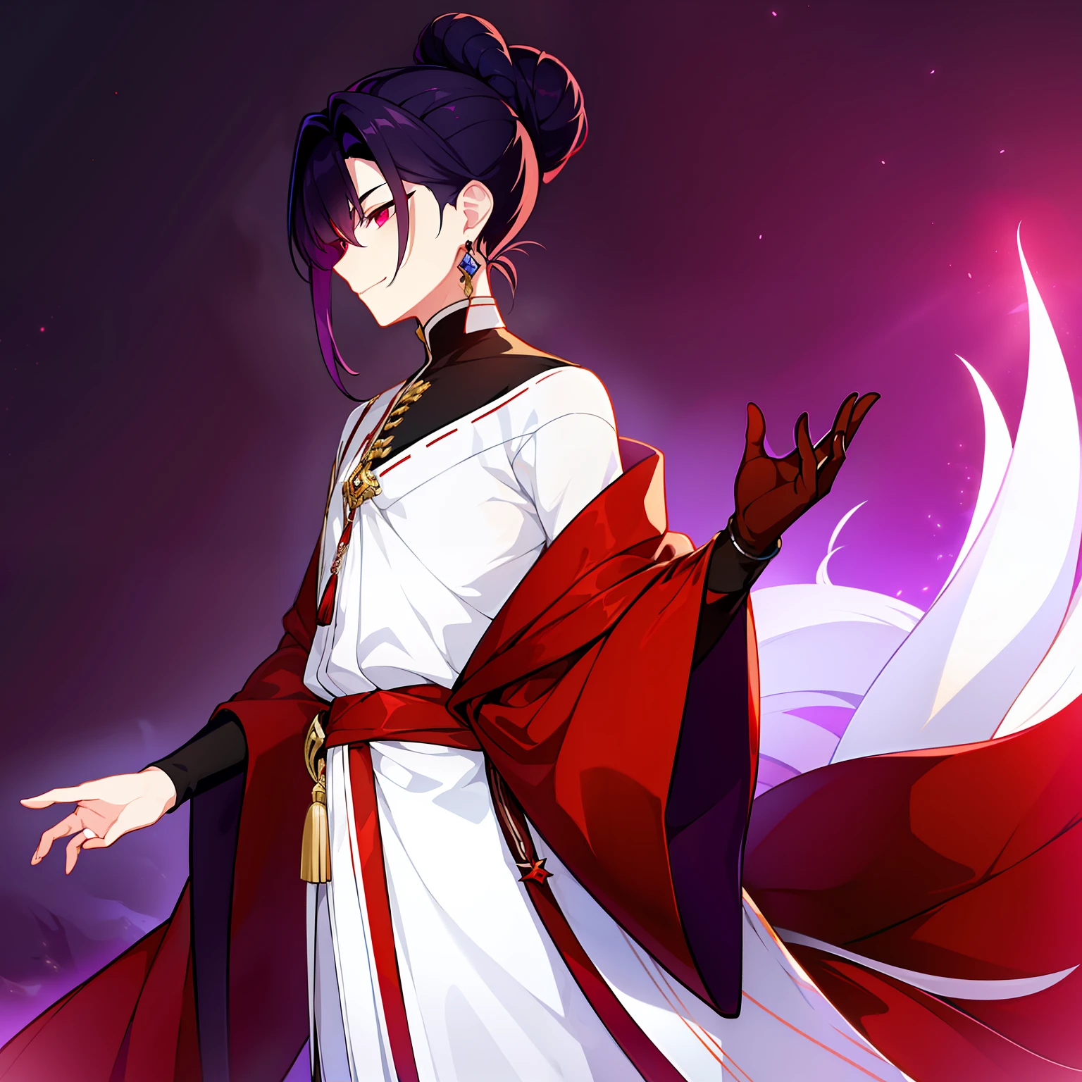 A young guy, cute facial features, dark purple hair gathered in a low bun, faded red eyes, white strict clothes with free light sleeves with lots of jewelry, long black gloves, fox ears and tail, tired smile