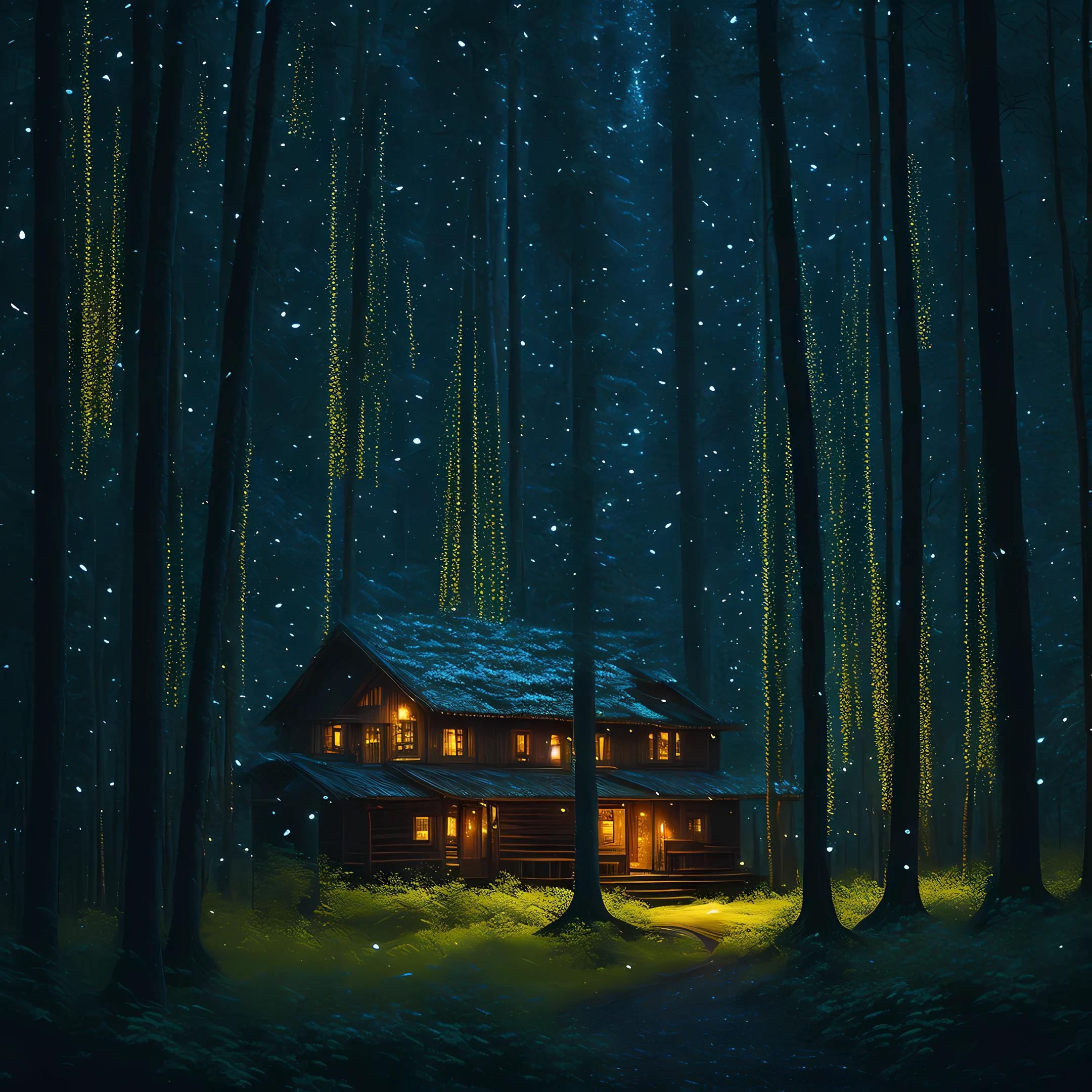 At night, in a secluded cabin nestled within a forest, fireflies dance among the trees.