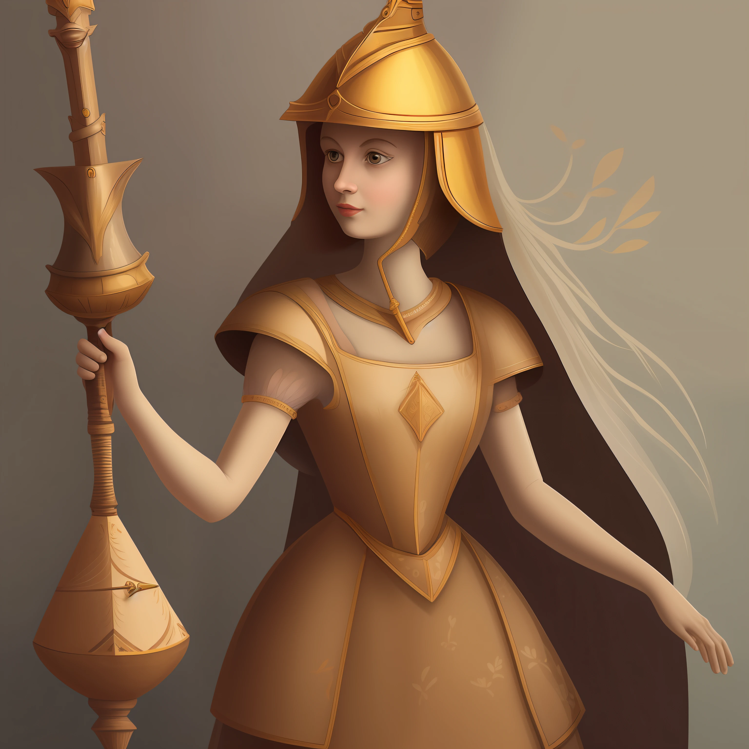 Princess with cone-shaped helmet in a vermelhor dress and wielding a spear.