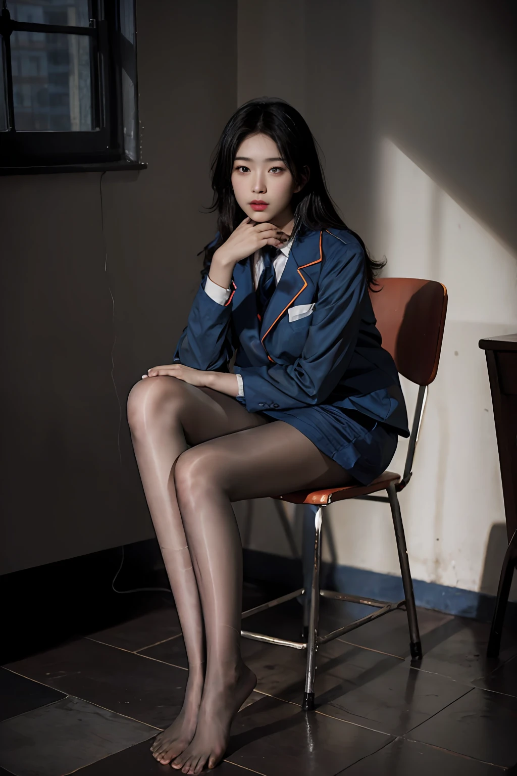 Best quality, full body view, feet in view, masterpiece,ultra high res,(photorealistic:1.4),raw photo,(slender legs)(beautiful hands)(normal body shape),dynamic pose,1girl, , pantyhose, no shoes, sitting on desk, solo,school uniform,in the dark,deep shadow,low key,cold light 12000K,