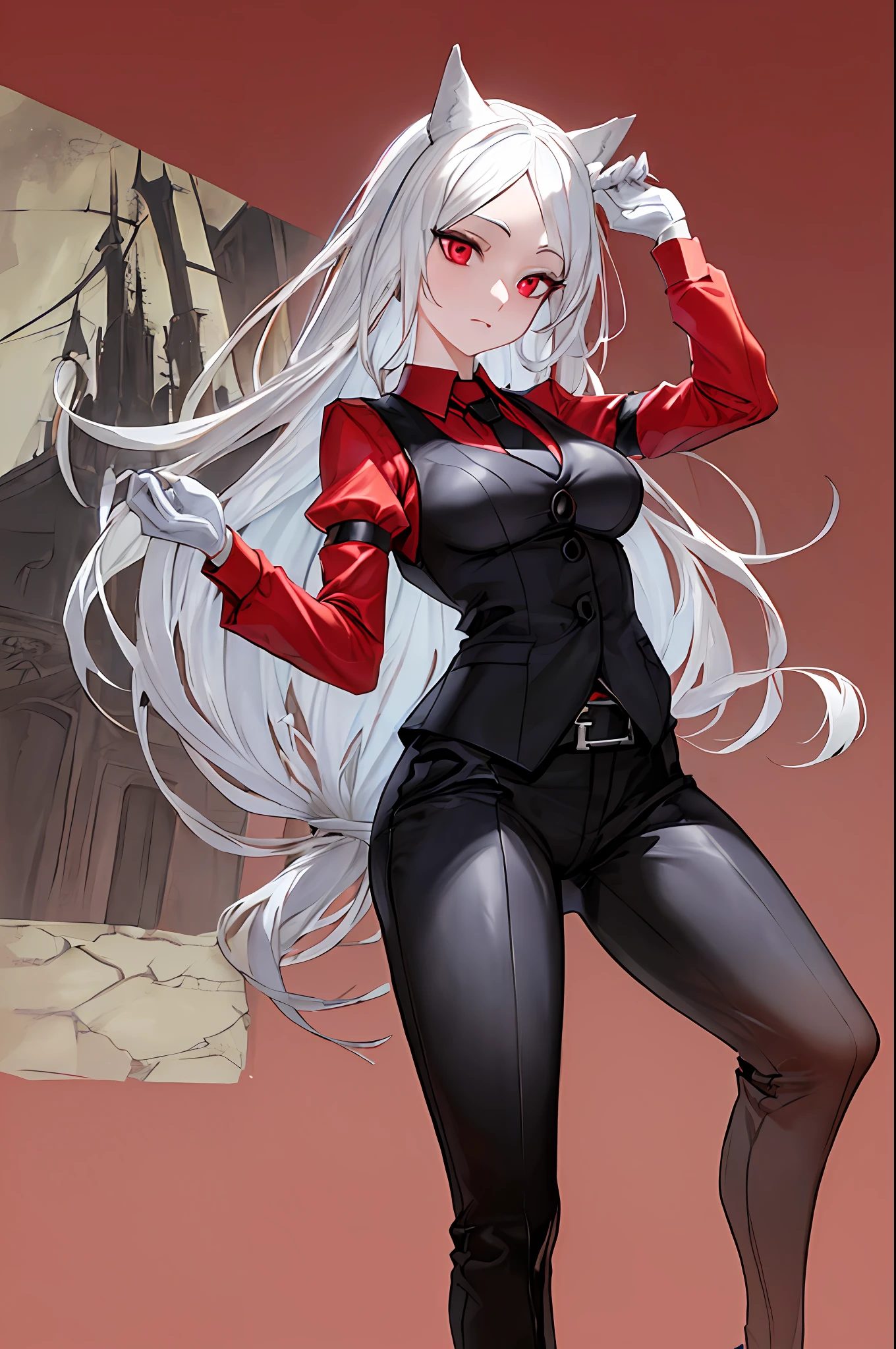 ((best quality)), ((highly detailed)), masterpiece, ((official art)), detailed face, beautiful face, (detailed eyes, deep eyes), cerberus \(helltaker\), 3girls, white hair, long hair, (red eyes), dog girl, demon tail, medium breasts, suit, red shirt, waistcoat, necktie,  pants, belt, gloves,
 penSketch_style, ink sketch