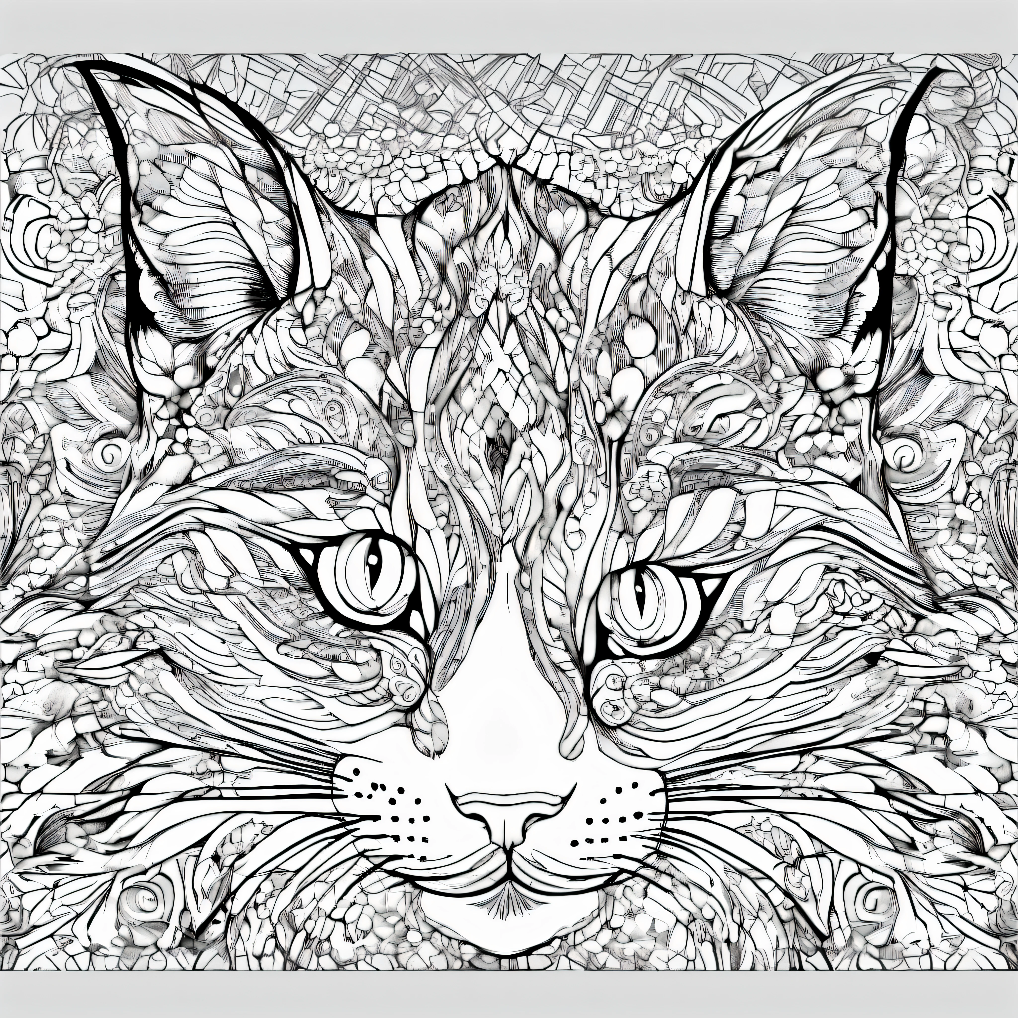 A coloring page with the face and flowers of a cat, gato detalhado, Desenho detalhado em 4K, criatura altamente detalhada, arte digital muito detalhada, arte de linha intrincada, arte de linha hiper detalhada, Intrincado, arte digital intrincada, highly detailed and hypnotic, desenho digital detalhado, Arte altamente detalhada em 4K, extremamente intrincado, altamente detalhado e ornamentado