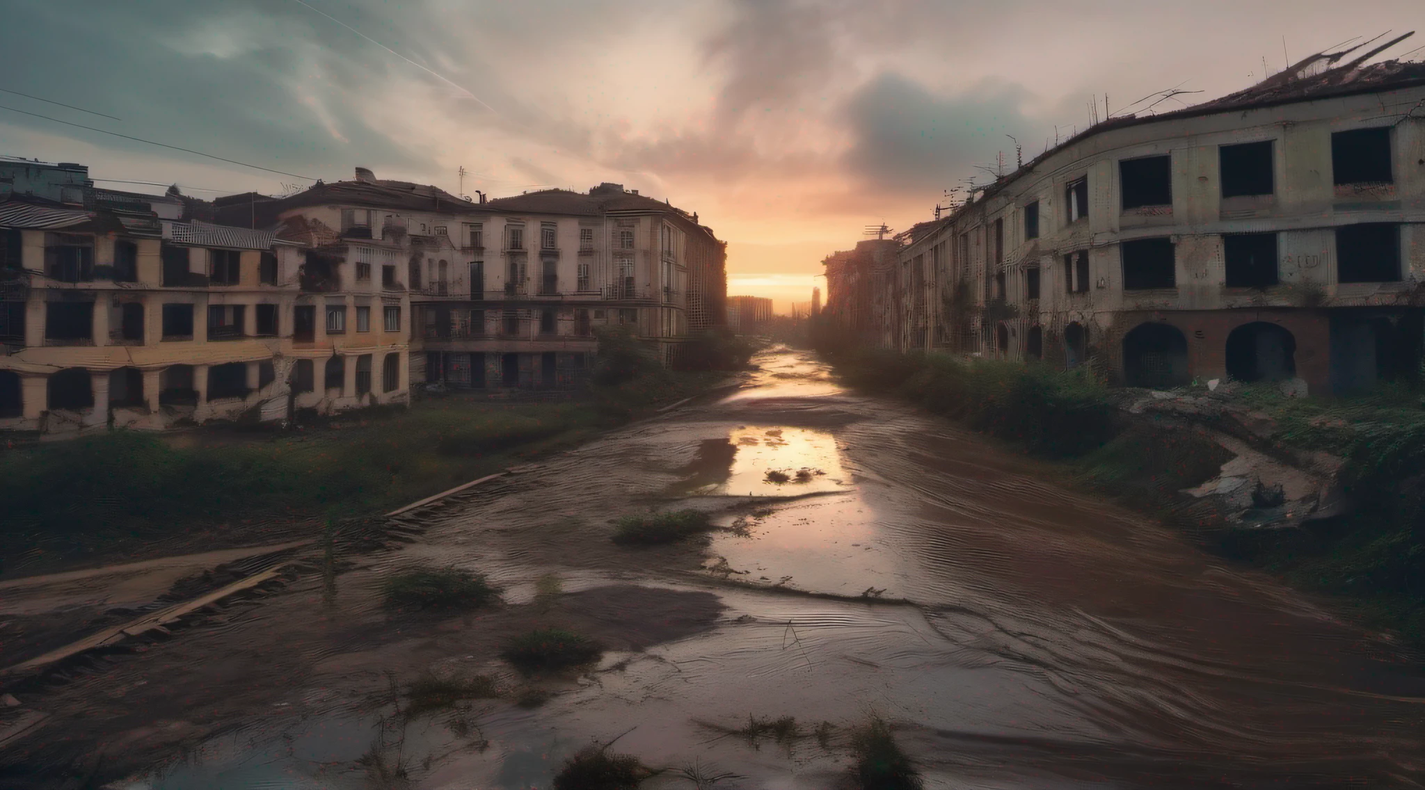 general cinematic sunset view, a exuberant european city modern buildings in complety ruins in the distance, exuberant flood and rain, broken roads of different levels, monumental broken bridge, all abandoned and ruined, without cars
