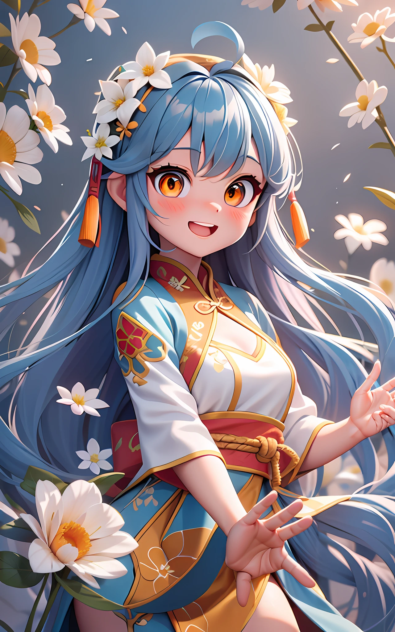 by Pixar，独奏, 1girll，adolable，Blue long hair，There are white flowers on the hair，Orange pupils，Dressed in ancient Chinese costumes，Floating hair，having fun，tmasterpiece，high qulity，