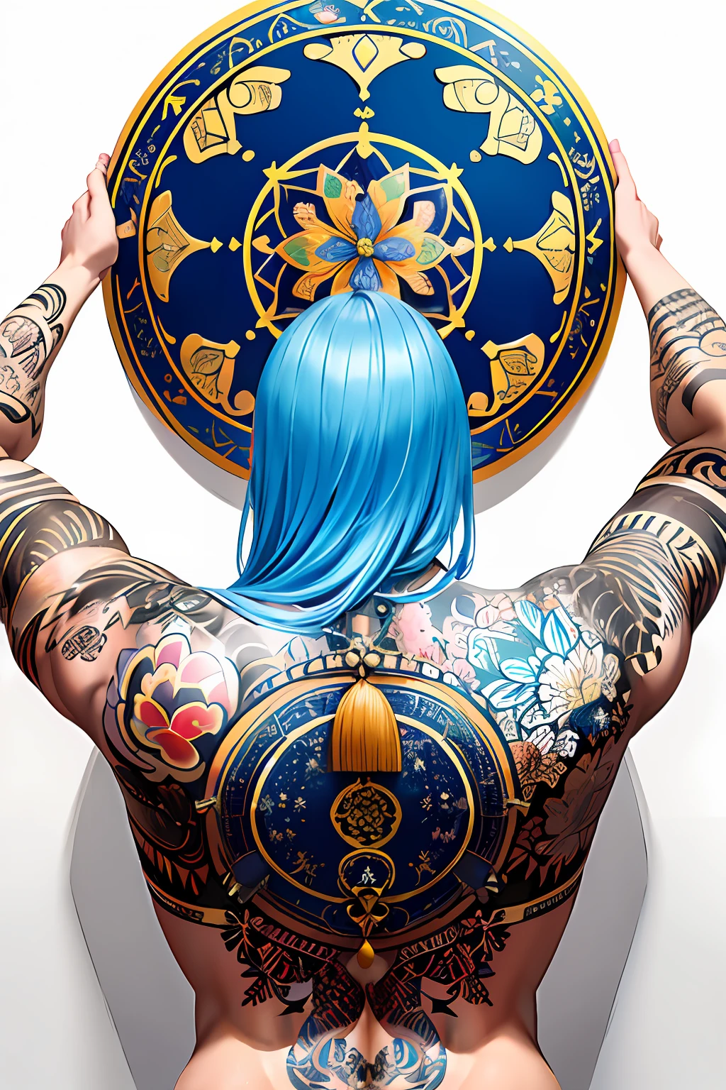 (obra-prima, qualidade superior, melhor qualidade, arte oficial, beautiful and aesthetic: 1.2), 1menina, tatuagem, solo, roupas japonesas, ornamento de cabelo, desembainhamento, cabelo preto, bainha, tatuagem nas costas, olhos azuis, fora do ombro, ombros nus, looking behind, from behind, flor, olhando para o espectador, segurando, maquiagem,
Interior Cool tattoo, maximum detail, magic, protection, warrior, knight, cosmic energy, tree of life, reincarnation, conscious dreams