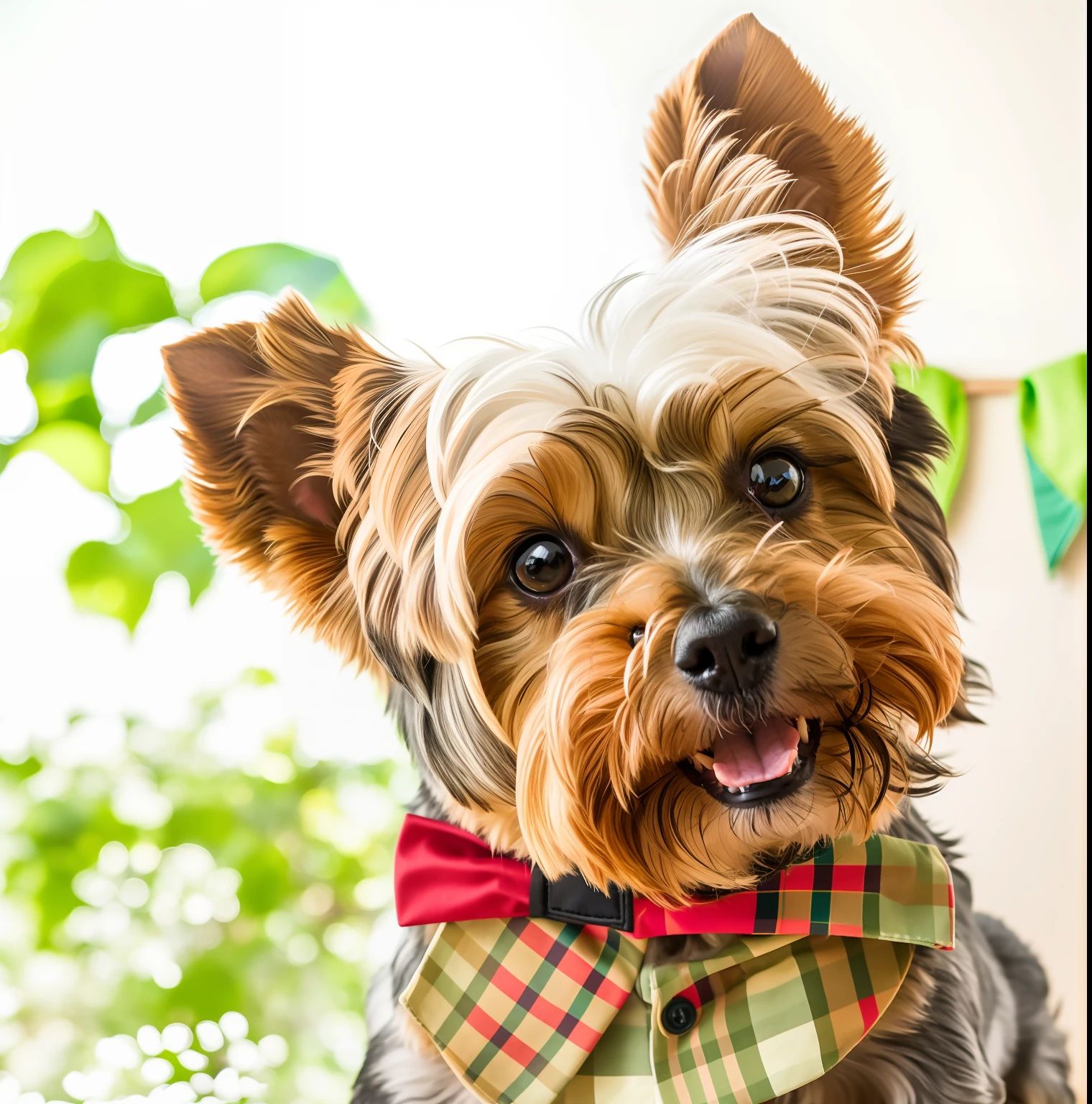 alta resolução, fotorrealista, ultra realista 8k, cinematic, obra prima,  There's a small yorkshire terrier dog wearing a bow tie and a polo shirt, fofo:2, um bonito, aw, Dog cute, muito bonito, kawaii cute dog, he‘s wearing a red neckerchief, papel de parede!, bowtie, retrato!!, Miko, Feliz!!!, foto de retrato, Giro, bonito, aw, menino bonito, super adorable