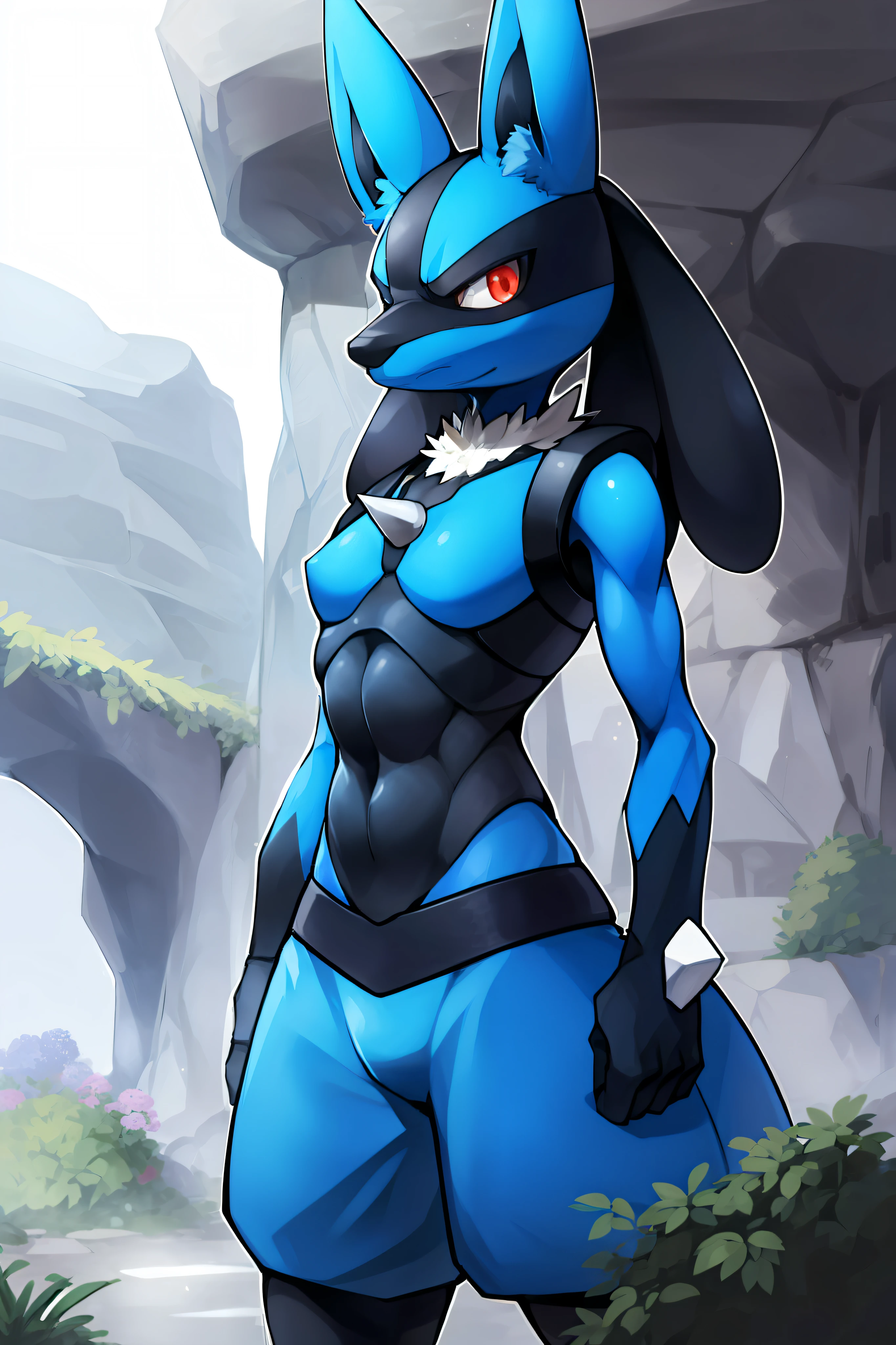 Lucario, Rote Augen,  Angriffshaltung, Einen blauen Energieball wirken, Detailliert, Professionelle Leuchten, Anime, zentriert, outside, Cave,  blaues Fell, Wolf, mittlerer Maulkorb, Sparks around the body sexy, sixpack, hotfurry, daddy, abs, maskulin