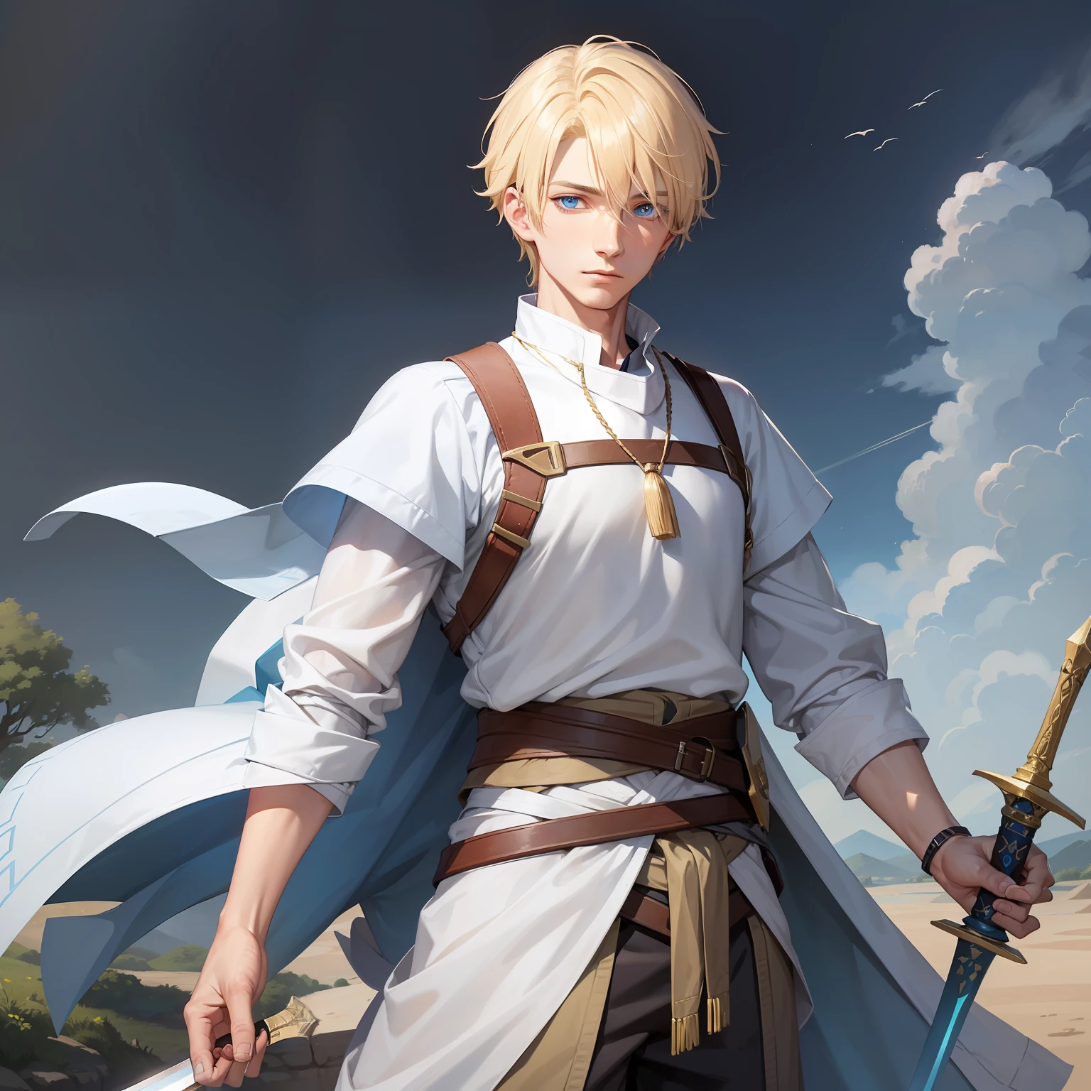 A 23-year-old man with blue eyes and blonde hair, his clothes are light and look like a villager's, he has a long sword on the left side of his waist