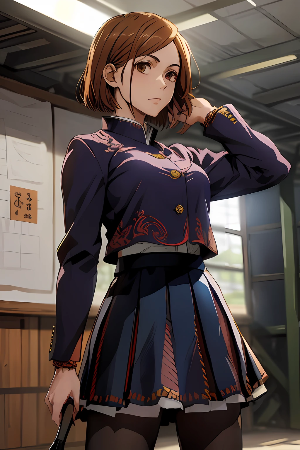 1girl, cowboy shot, beautiful Nobara, school_uniform, bangs, jacket,, volumetric lighting, best quality, masterpiece, intricate details, tonemapping, sharp focus, hyper detailed, trending on Art Station, 4k,full body,hammar in hand