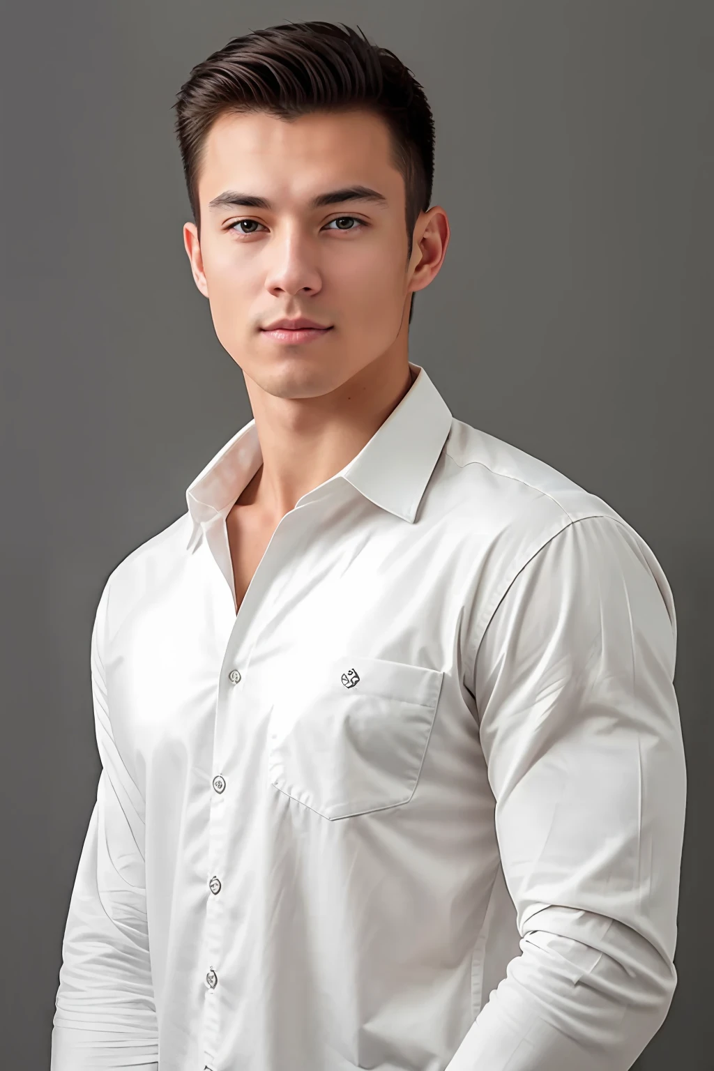 1man,A 20-year-old muscular man,Wear a long-sleeved white shirt and tie,Upper body,gentlesoftlighting,tmasterpiece,best qualtiy,8K UHD,digital SLR camera,filmgrain,Midjourney and greg rutkowski's Fujifilm XT3 realistic painting art