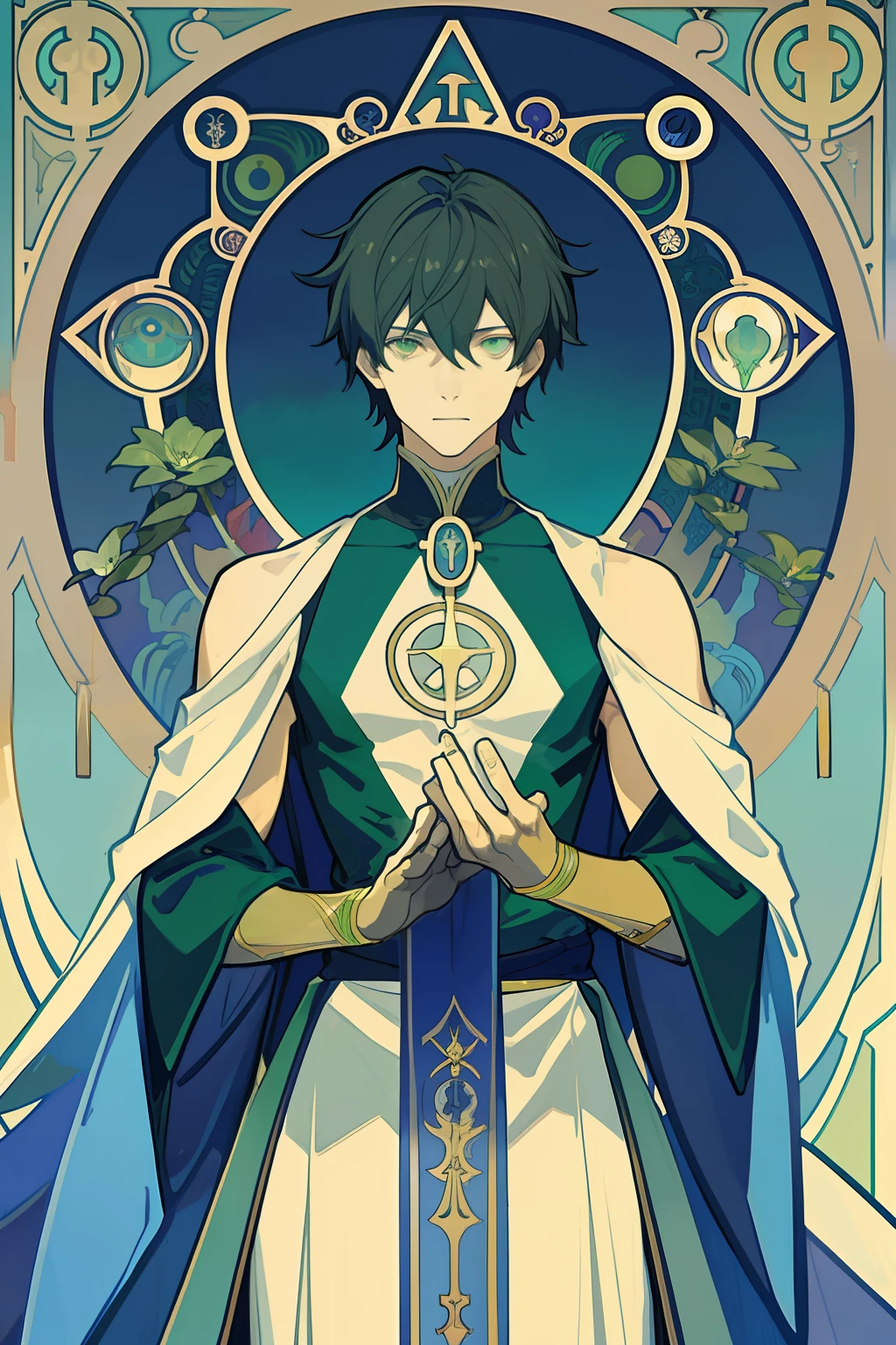 tmasterpiece, beste-Qualit, 1 male, with black short hair, green glowing eyes, There are spiders around him, He raised his hands in prayer,  grown up, beutiful, tall muscular guy, halter \(tarot\), conqueror,Symbolism,visual art,occultism,Universal,Vision,Philosophical,Iconography,Numerology,Popularity,an artistic, by Alphonse Mucha