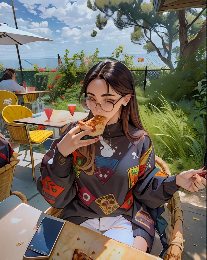 Woman sitting at a table eating a piece of food with a glass of wine, comer fora, Comer, Taehyung comendo batatas fritas Gucci, Directed by: Echo Chernik, 🐿🍸🍋, vestindo um pescador 🧥, wearing a colorful coogi sweater, trending on r/streetwear, inspirado por Ion Andreescu, she is wearing streetwear, comer pizza, Young lady