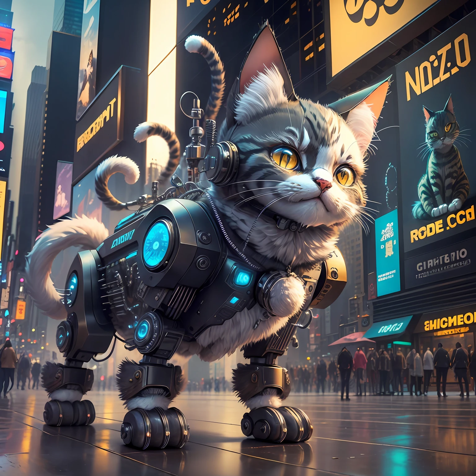 new york, time square, robotic cat, cyborg cat, fluffy, fuzzy, fluffy, detailed, robotic cat