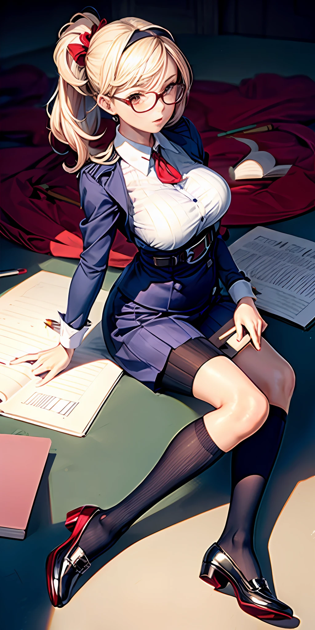 1 fille, (secretary:1.4), (cheveux courts teints en blanc),pupilles rouges,cravate,generous and rounded breast,(Jupe crayon),ceinture,(chaussettes hautes),marche,