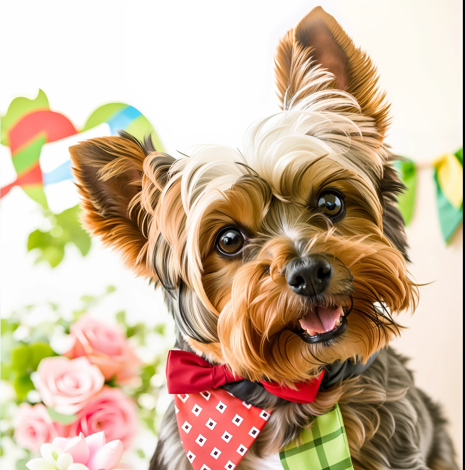 alta resolução, fotorrealista, ultra realista 8k, cinematic, obra prima, There's a small yorkshire terrier dog wearing a bow tie and a polo shirt, fofo:2, um bonito, aw, Dog cute, muito bonito, kawaii cute dog, he‘s wearing a red neckerchief, papel de parede!, bowtie, retrato!!, Miko, Feliz!!!, foto de retrato, Giro, bonito, aw, menino bonito, super adorable