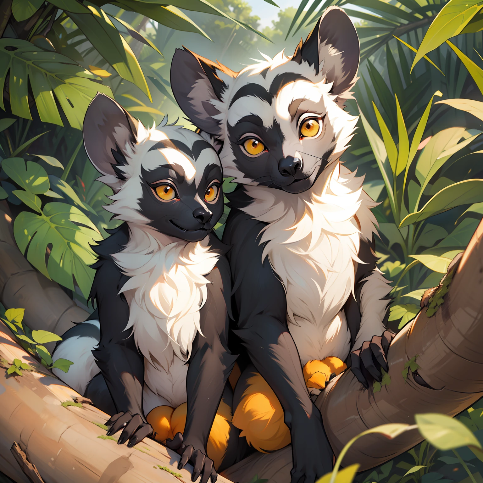 Create a realistic depiction of a lemur, showcasing its unique and endearing features. The lemur should have large, round eyes with a warm, amber hue, radiating intelligence and curiosity. Its fur should be soft and textured, with a combination of shades, including soft browns and grays, that seamlessly blend to create a natural look. The lemur's distinctive black and white striped tail should be long and fluffy, adding to its charm. It should be portrayed in a lively and playful pose, as if it's exploring its lush, tropical habitat. The art style should capture the lemur's realistic appearance, allowing viewers to feel a connection with this adorable and curious creature.