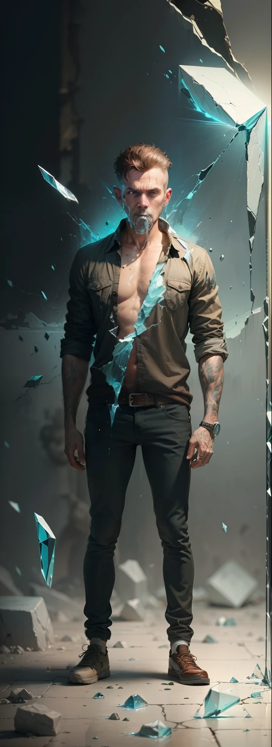 . (a man that is standing in front of a painting, a hyperrealistic painting, inspired by Sam Spratt, shutterstock contest winner, shock art, man carving himself out of stone, cracking glass through reality, art in an absurdist style, devouring)