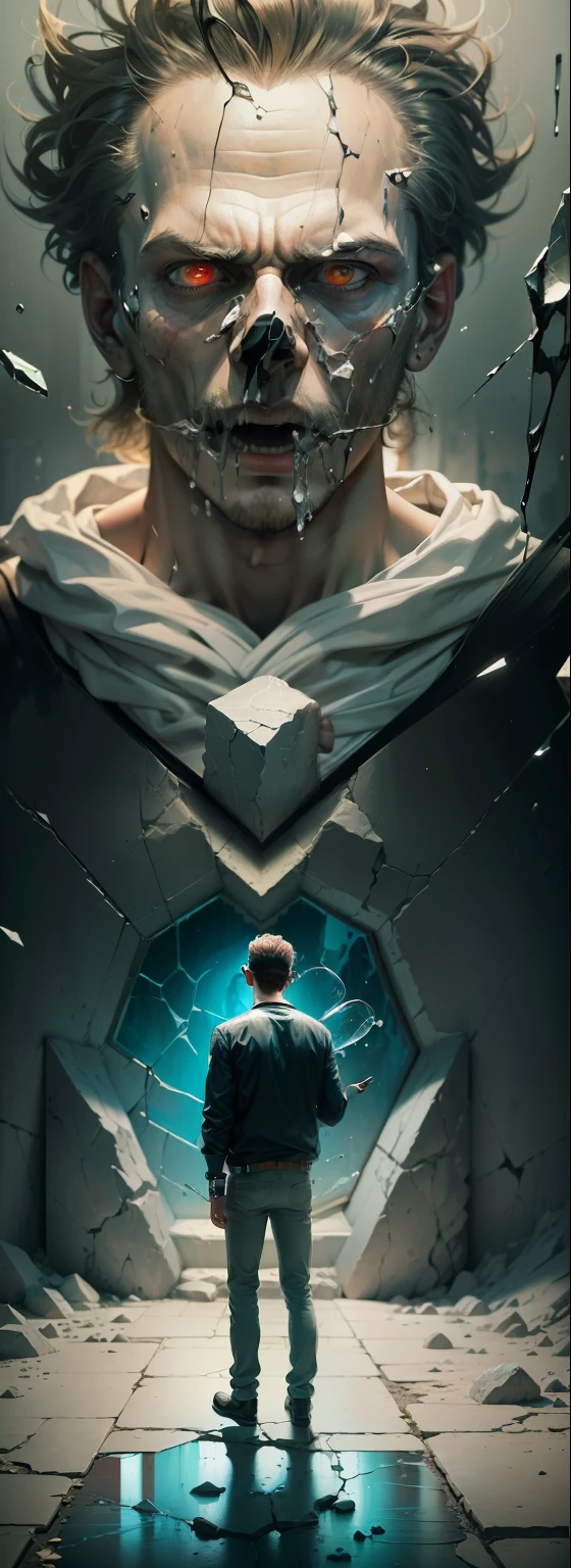 . (a man that is standing in front of a painting, a hyperrealistic painting, inspired by Sam Spratt, shutterstock contest winner, shock art, man carving himself out of stone, cracking glass through reality, art in an absurdist style, devouring)