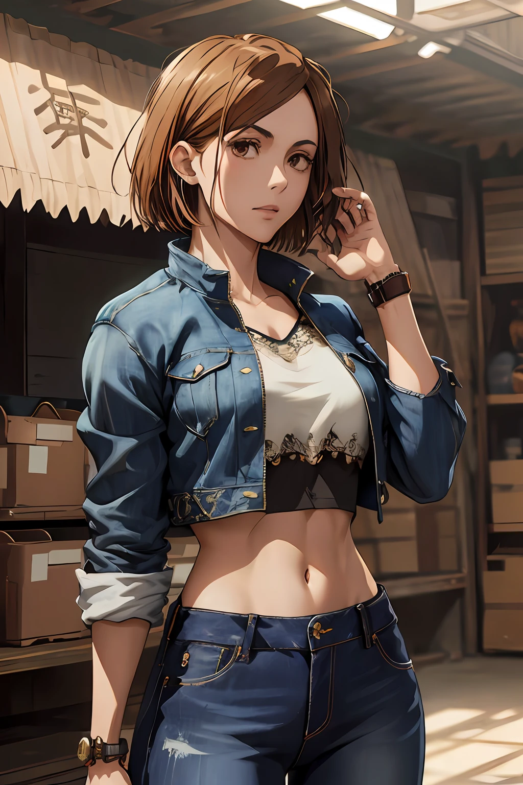 1girl, cowboy shot, beautiful Nobara, crop top, jeans, bangs, jacket,, volumetric lighting, best quality, masterpiece, intricate details, tonemapping, sharp focus, hyper detailed, trending on Art Station, 4k,full body