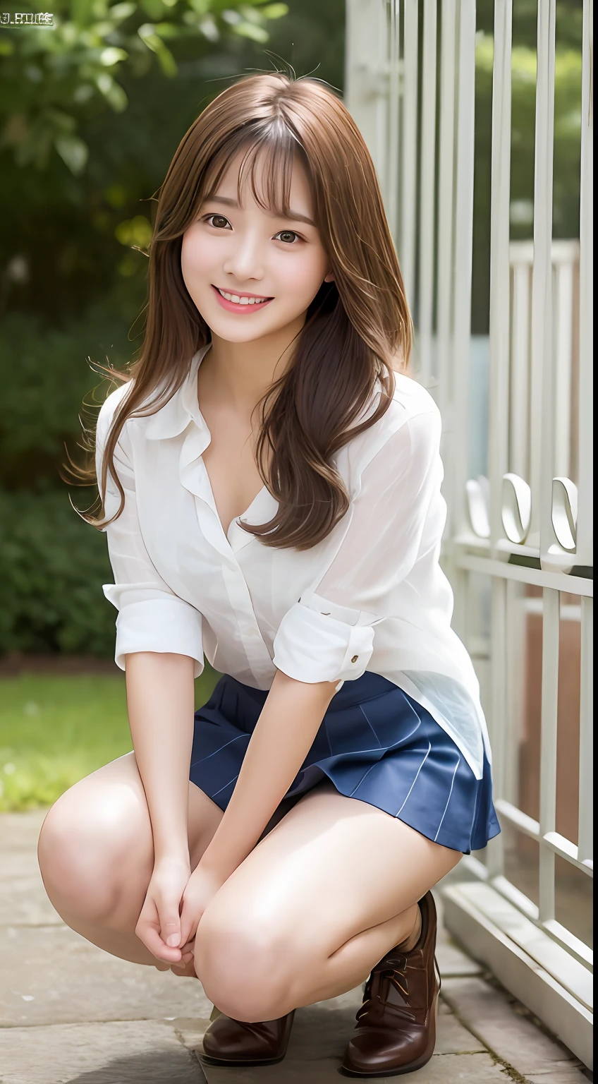 Very detailed 8k wallpaper)、foco nítido、in detail、Drama、Delicate and beautiful girl、sixtee white shirt、Quite short skirt、ligh brown hair、hair adornments、Beautiful and sexy、A smile、独奏、Beautiful graphics、Beautiful legs、crouching down、