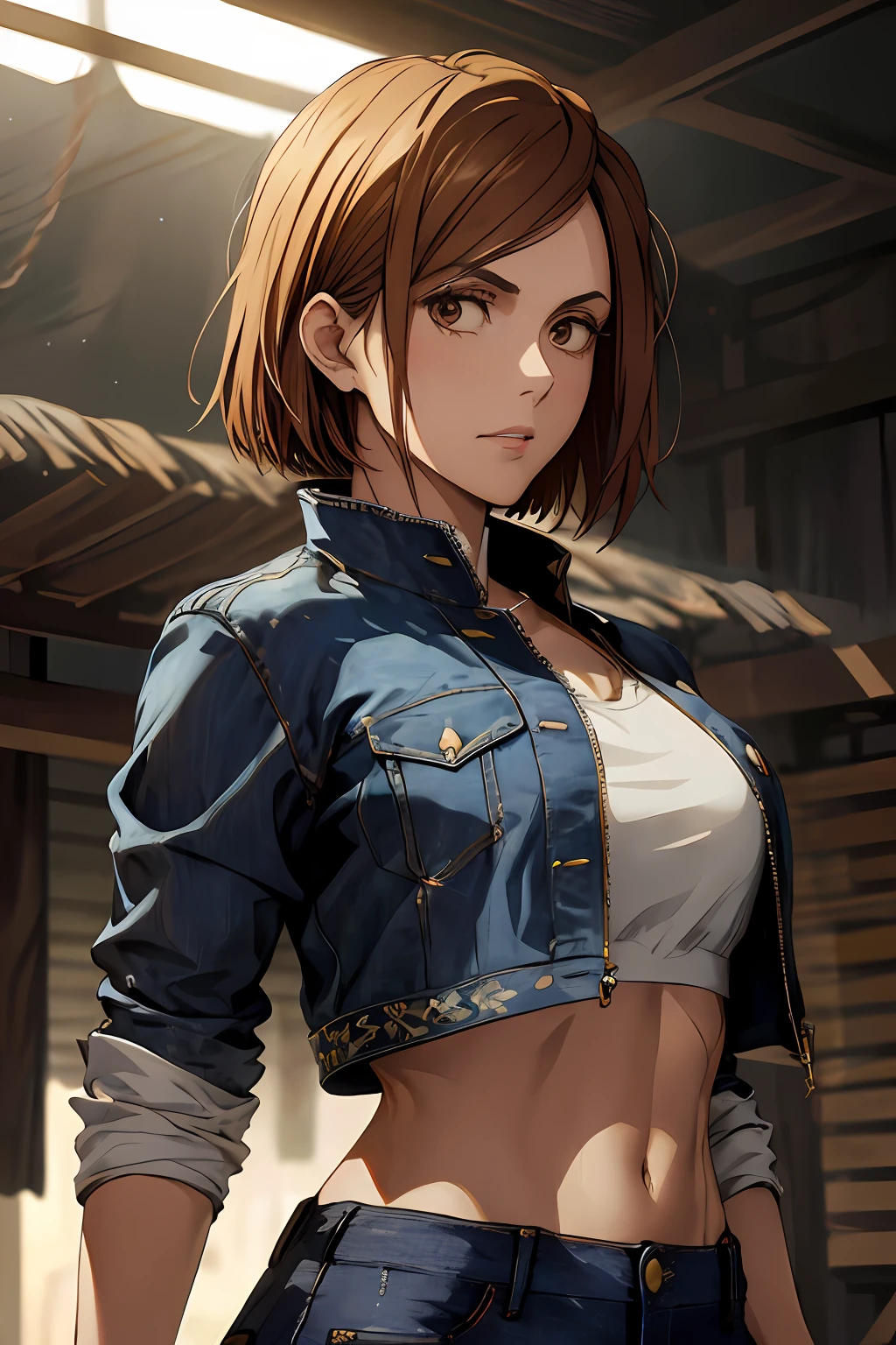 1girl, cowboy shot, beautiful Nobara, crop top, jeans, bangs, jacket,, volumetric lighting, best quality, masterpiece, intricate details, tonemapping, sharp focus, hyper detailed, trending on Art Station, 4k,full body