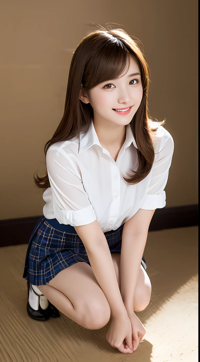 Very detailed 8k wallpaper)、foco nítido、in detail、Drama、Delicate and beautiful schoolgirl、sixteen years old、Sheer white shirt、Quite short skirt、ligh brown hair、hair adornments、Beautiful and sexy、A smile、独奏、Beautiful graphics、Beautiful legs、crouching down、