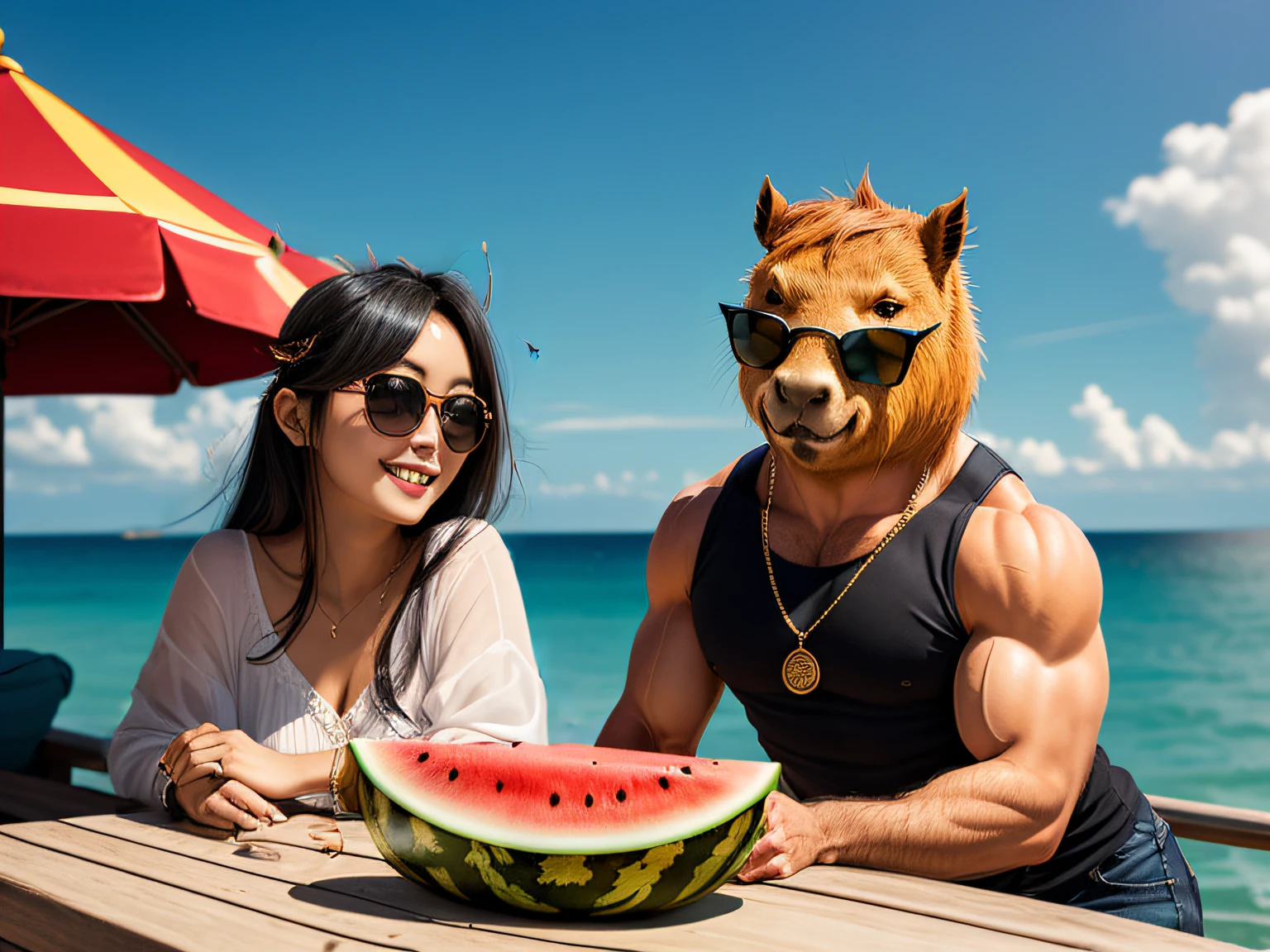 Japan woman with dark hair、Black sunglasses、Beautiful hair、a smile、detailed lips、A detailed eye