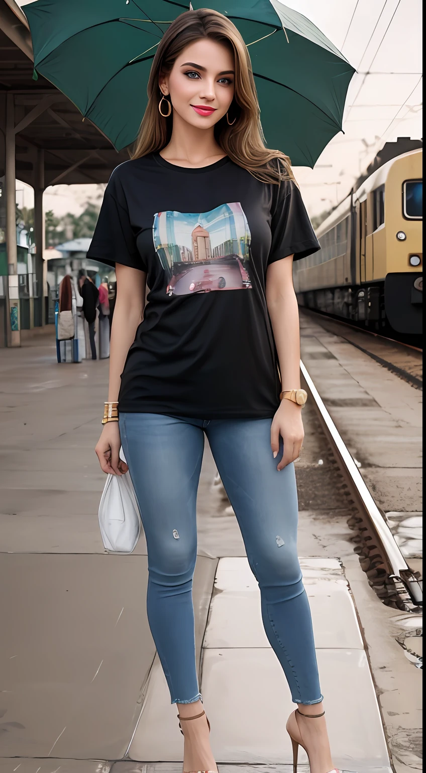((Best Quality, 8k, Masterpiece:1.3)), Focus: 1.2, Perfect Body Beauty: 1.4, front looking 1.2, (long straight hairstyle)), (Black round neck plain Baggy Tee-shirt, baggy style:1.1) , (rainy weather, Street:1.3), Baggy fitting jeans, smiling, full length skinny gray jeans: 1.1, Highly detailed face and skin texture, Detailed eyes, Double eyelids, toned body, Whitened skin, smile, black straight hair's, heels, firm breasts, looking at camera, fashion shoot style, full body length tee-shirt, Short sleeves, high heels, big earrings, hand bangle's and golden watch. Carrying pink hand bag, light lipstick, baggy tee-shirt, lose baggy Teeshirt , standing at railway station Lahore, Pakistani green train in background, railway platform, waiting for train, wet platform