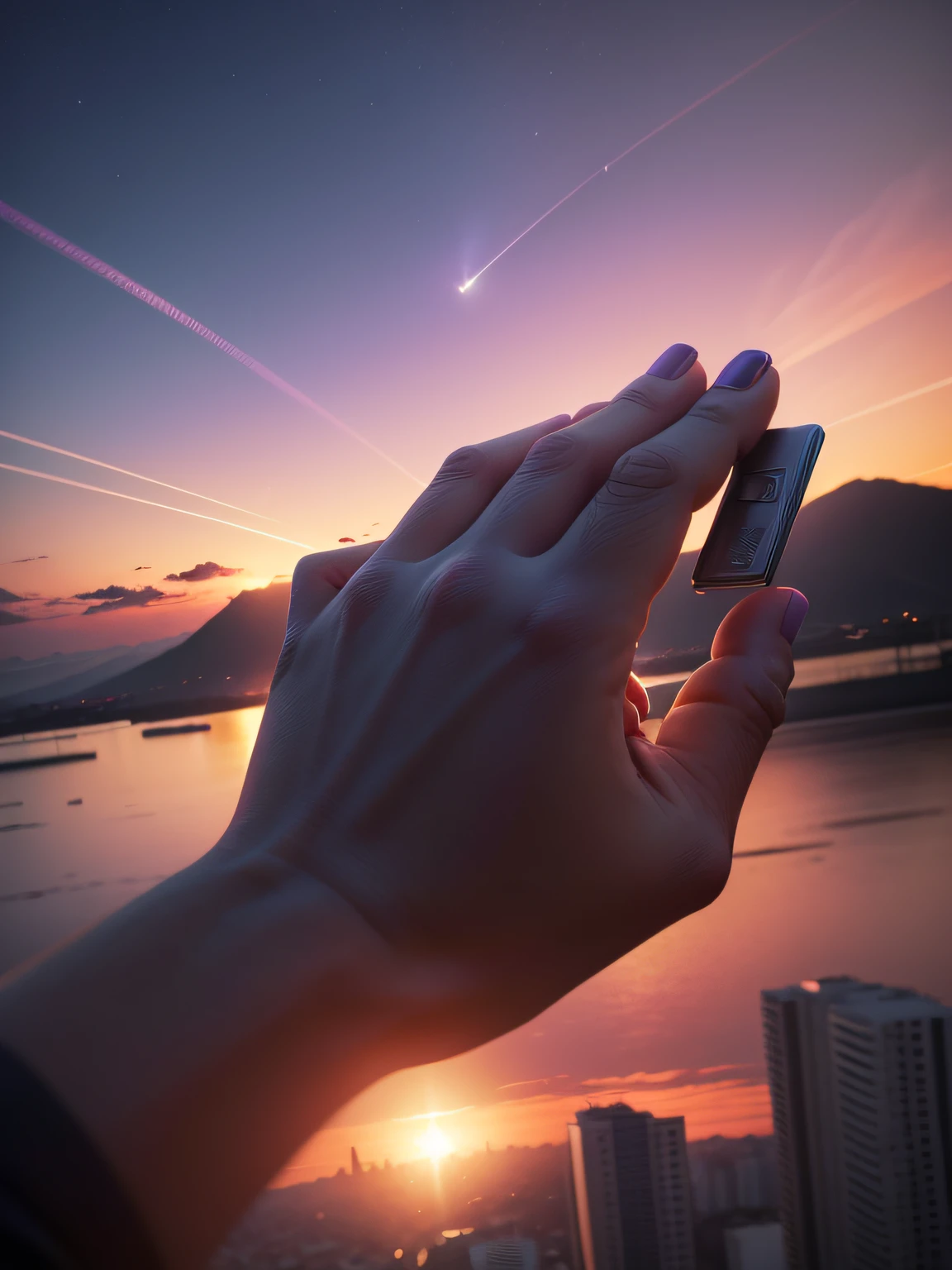 cenario caotico, pessoas, dinheiro e joias caindo, fogo, Purple sky, desespero, cidade, my hand trying to reach for a briefcase, cinematico, 3d